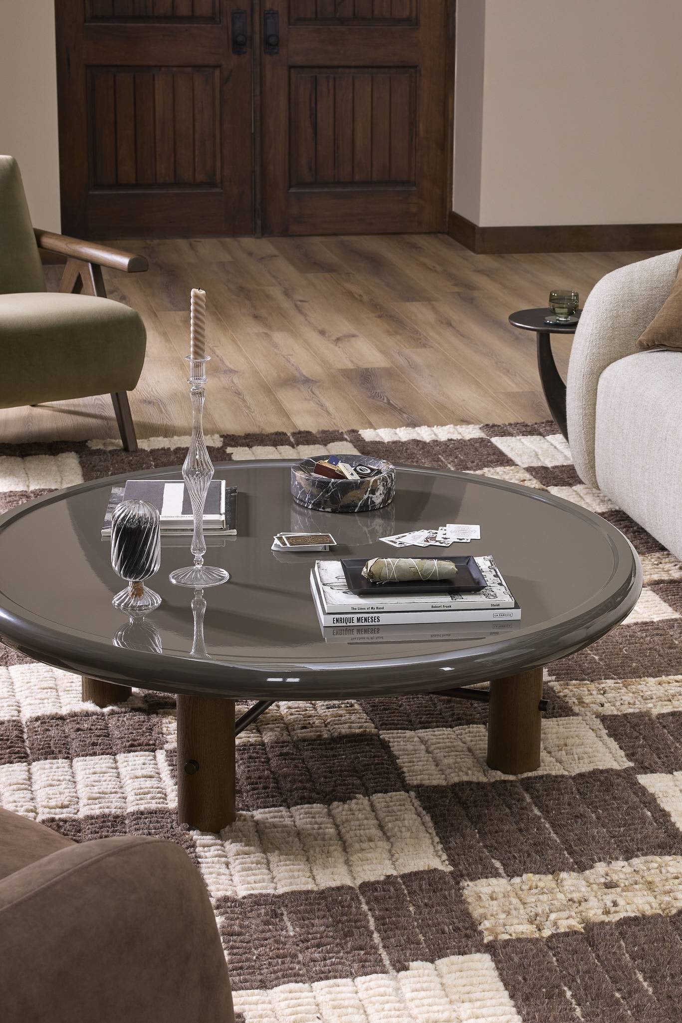 Four Hands Zia Coffee Table — Olive Lacquer-Umber Oak Solid-Polished Bronze