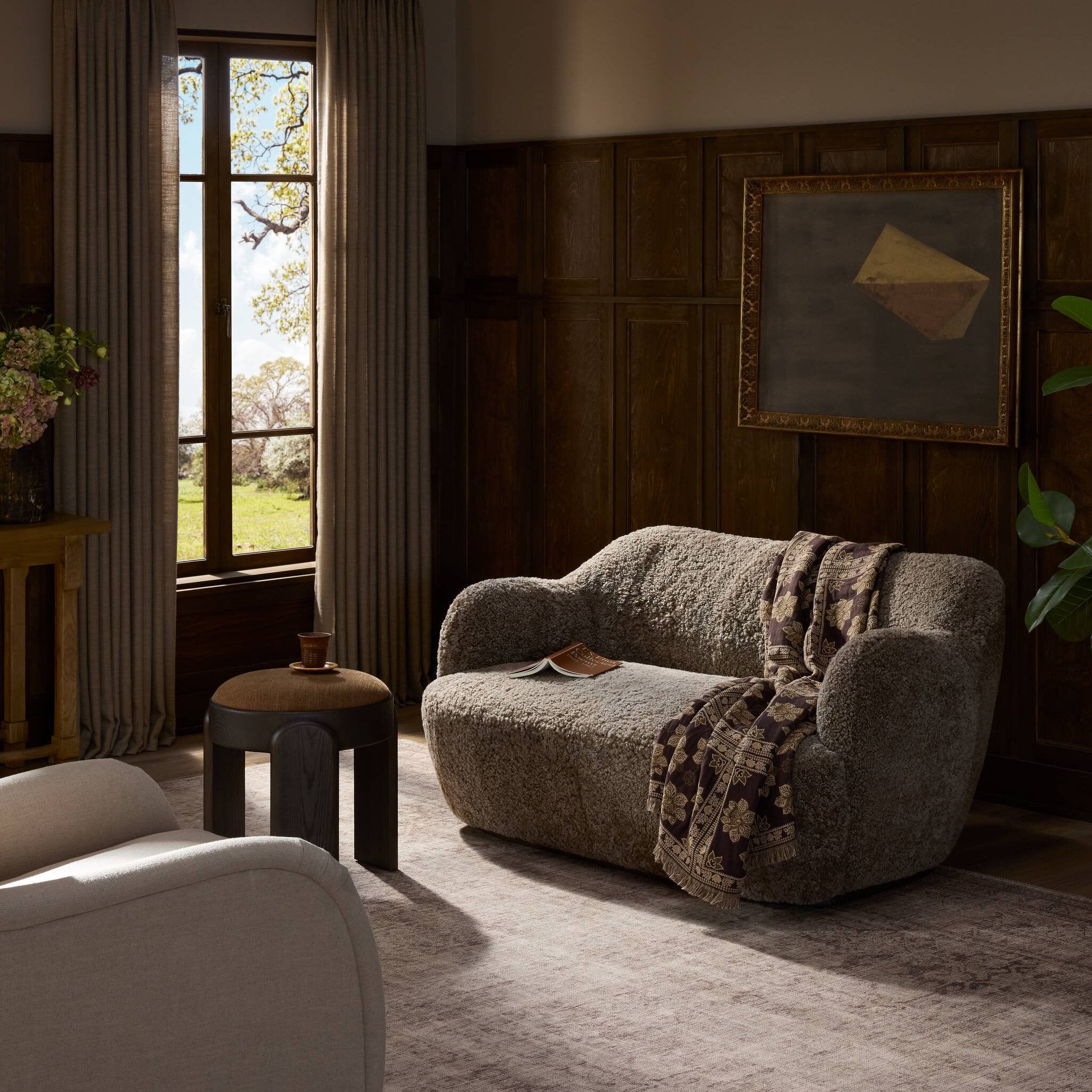 Four Hands Julius Sofa — Taupe Shearling-Sienna Brown