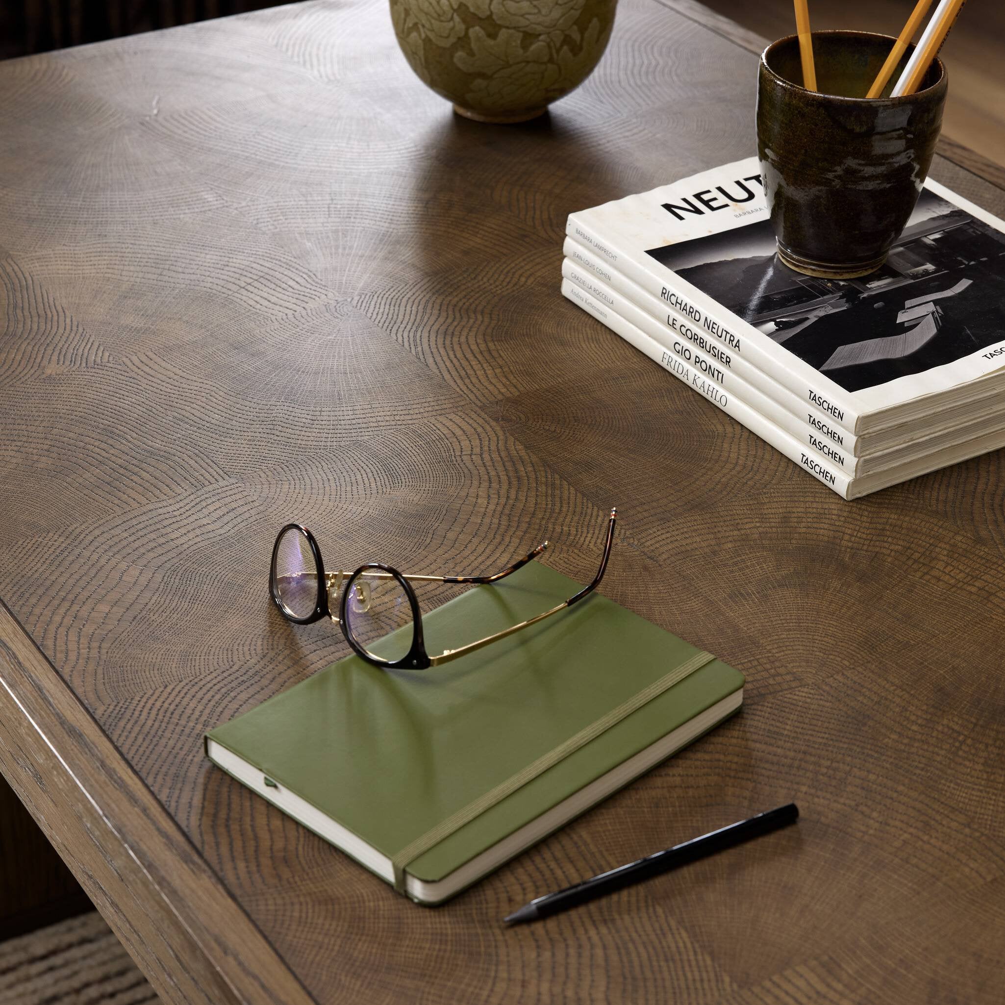 Four Hands Salta Desk — Brown Oak Thick Veneer-Brown Oak Thin Oyster-Brown Oak Solid