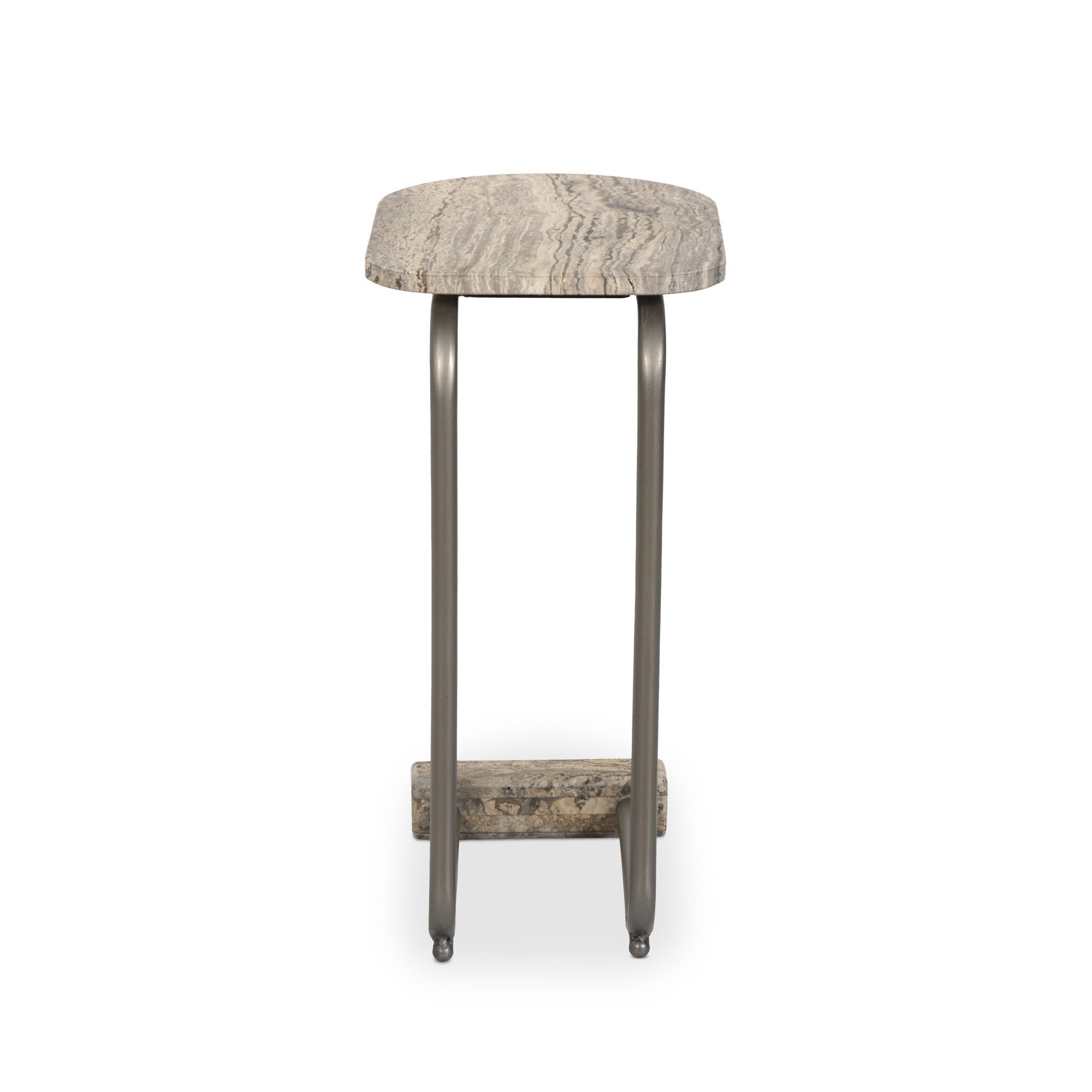 Four Hands Pixie End Table — Grey Stripe Travertine-Light Antique Pewter