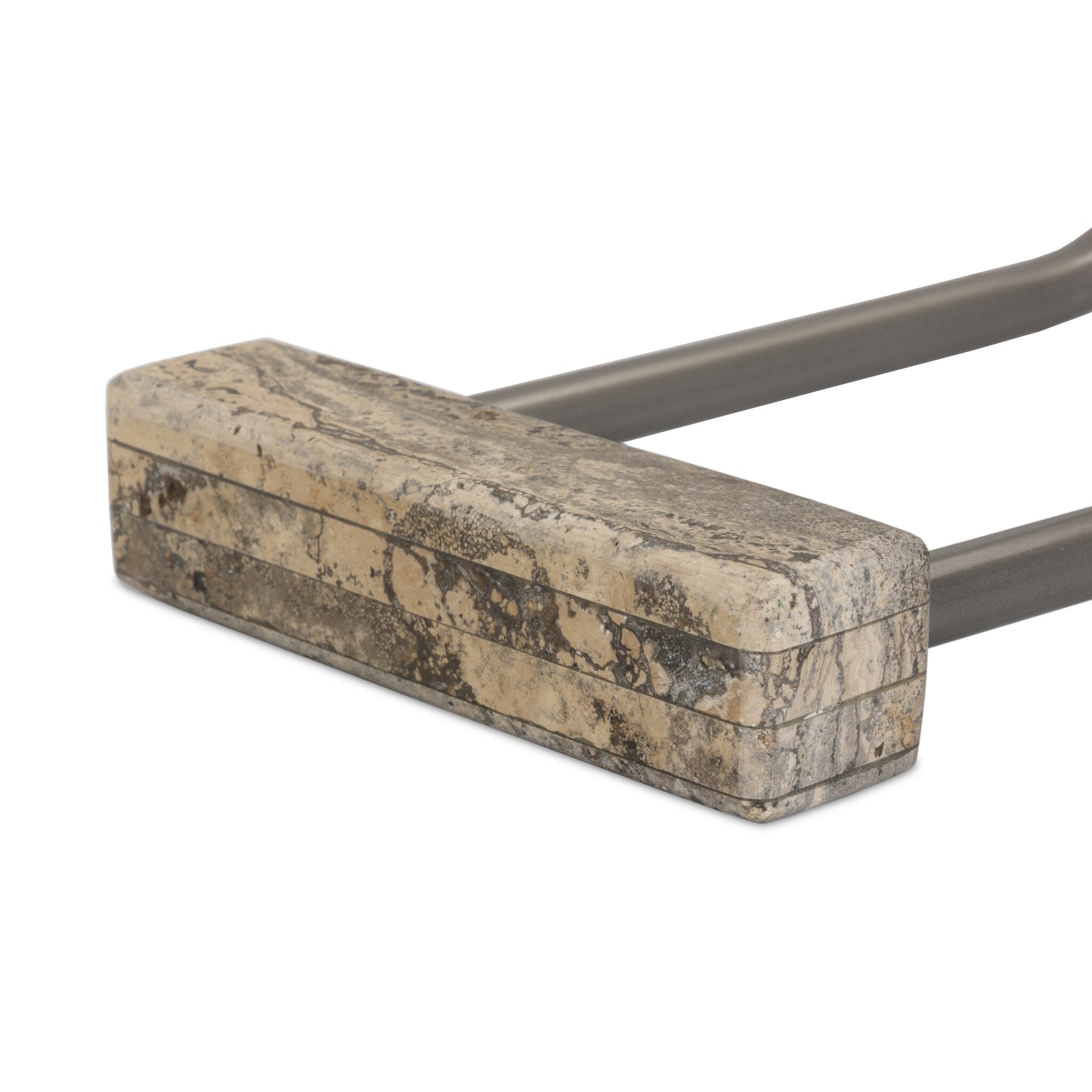 Four Hands Pixie End Table — Grey Stripe Travertine-Light Antique Pewter
