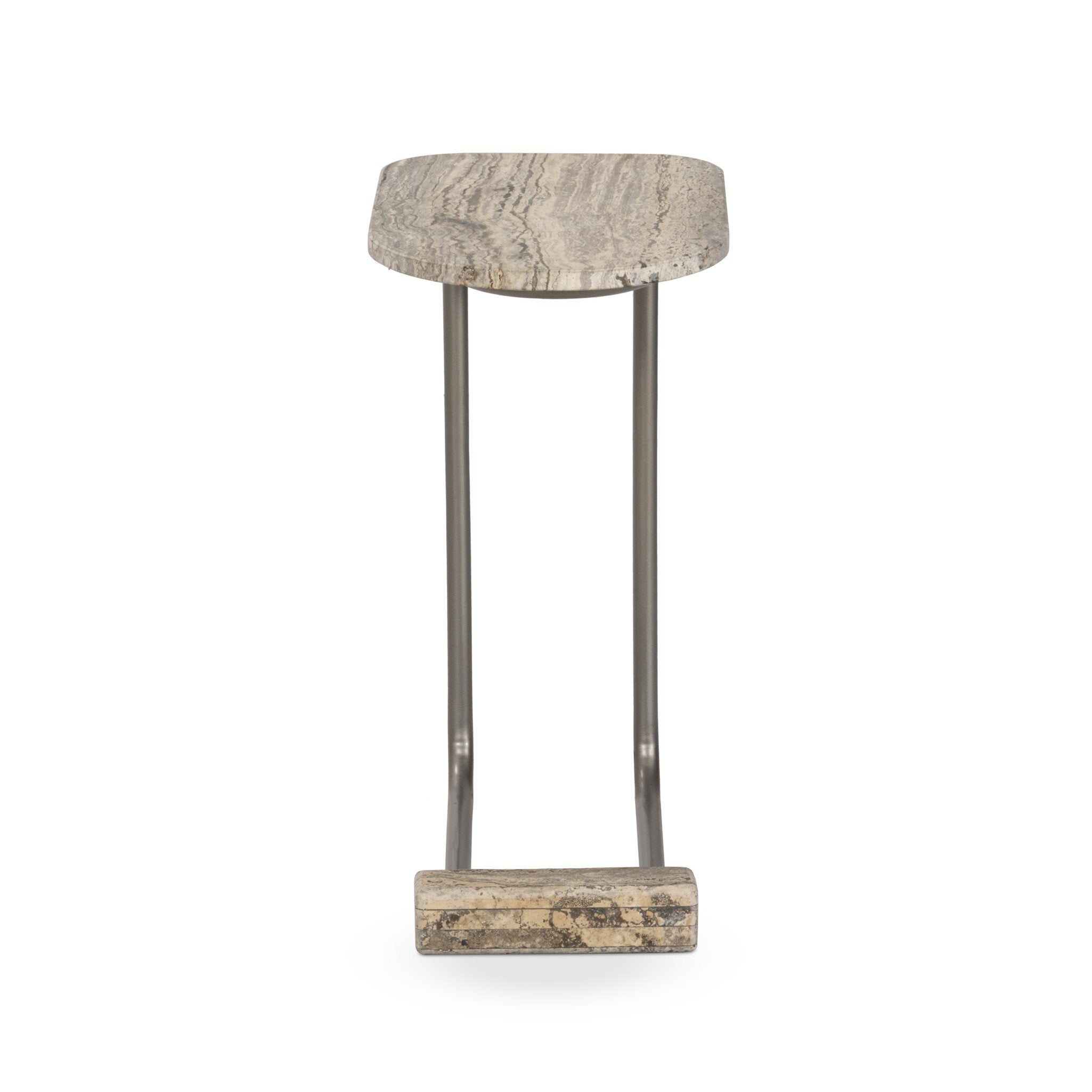 Four Hands Pixie End Table — Grey Stripe Travertine-Light Antique Pewter