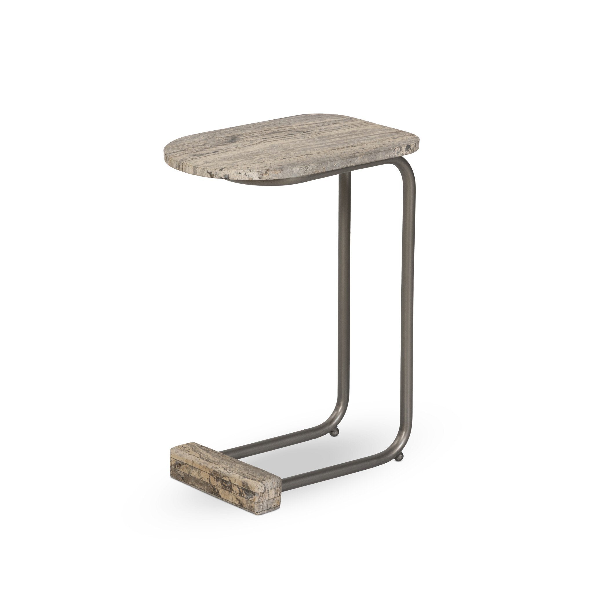 Four Hands Pixie End Table — Grey Stripe Travertine-Light Antique Pewter