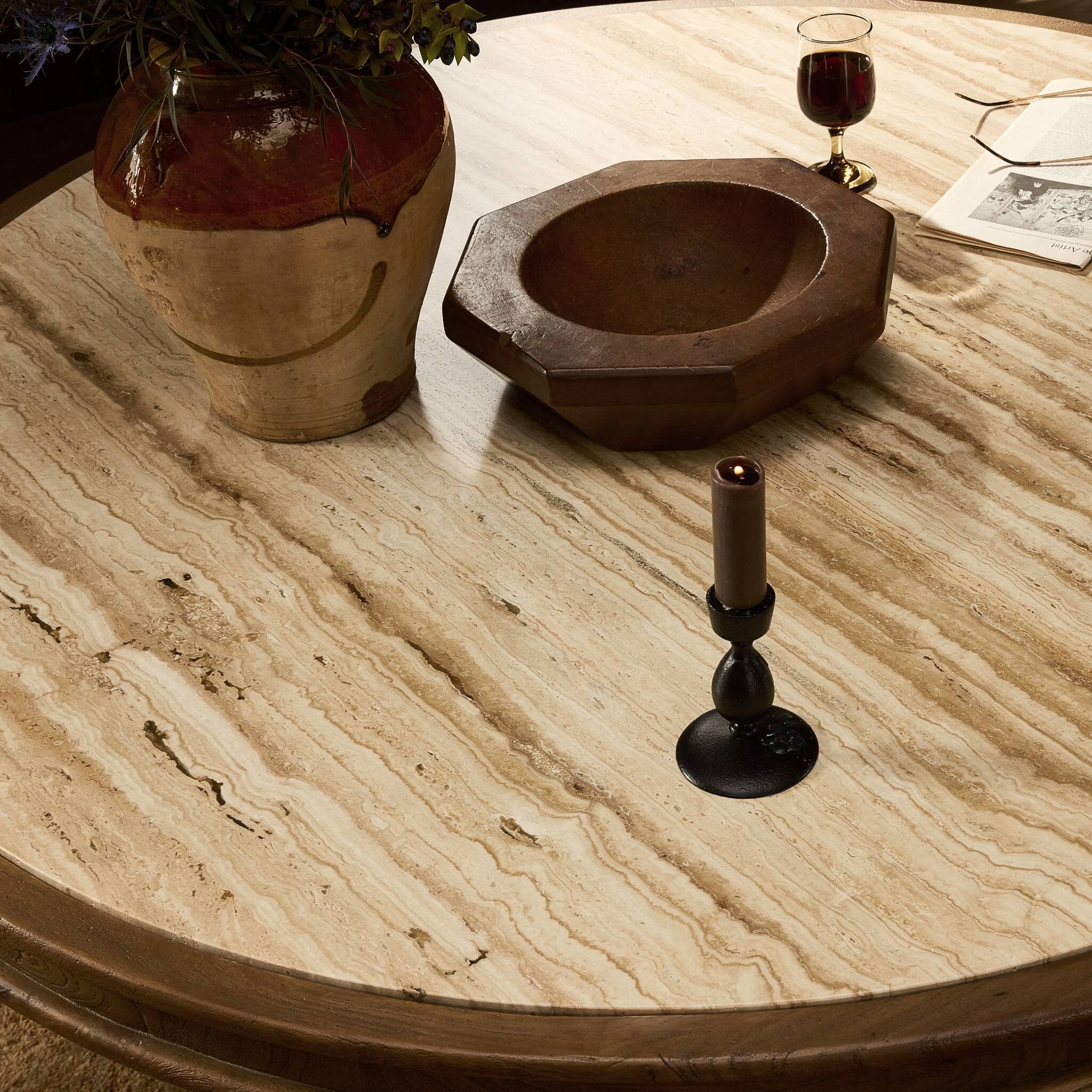Four Hands Bourne Dining Table — Light Beige Travertine-Warm Mango Solid