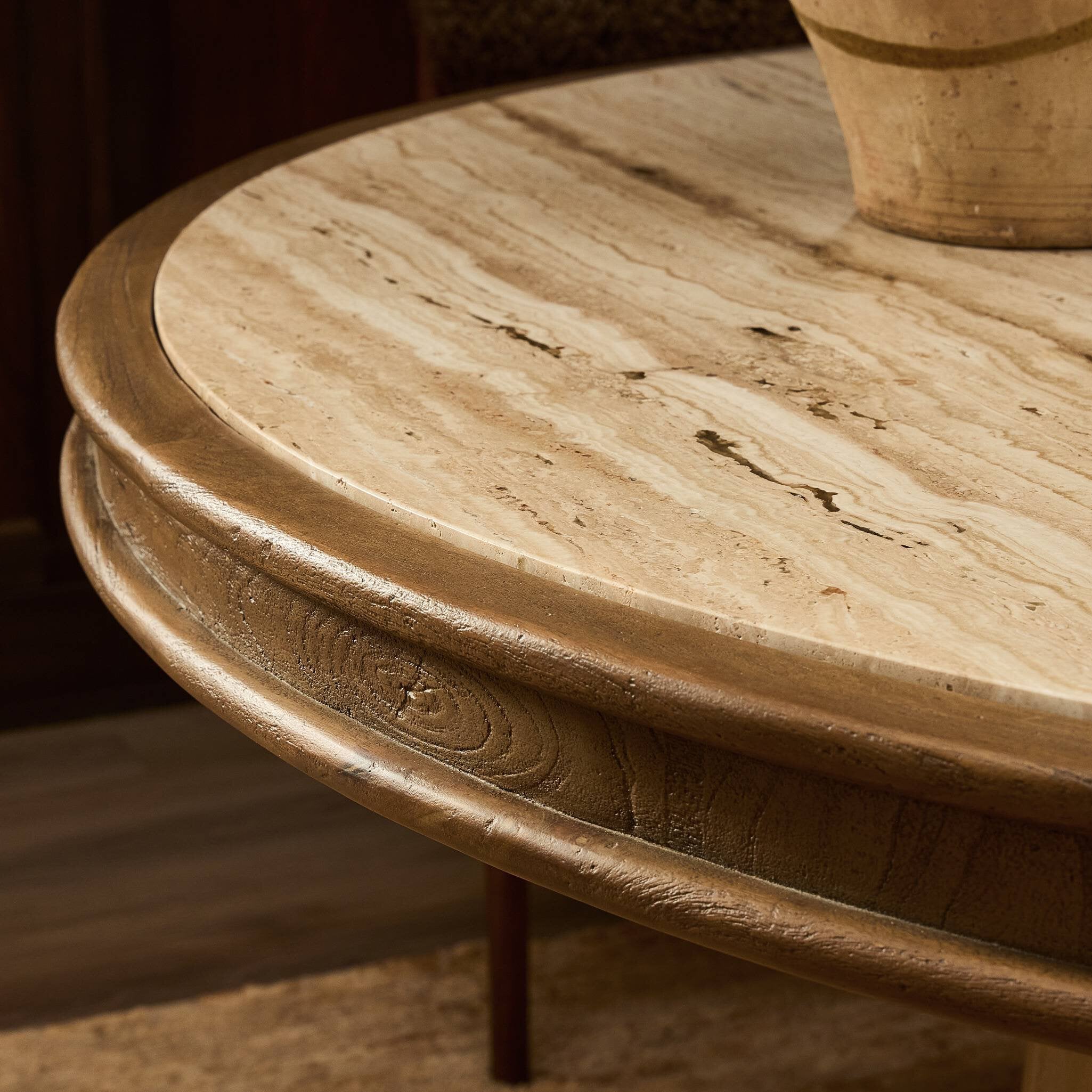 Four Hands Bourne Dining Table — Light Beige Travertine-Warm Mango Solid
