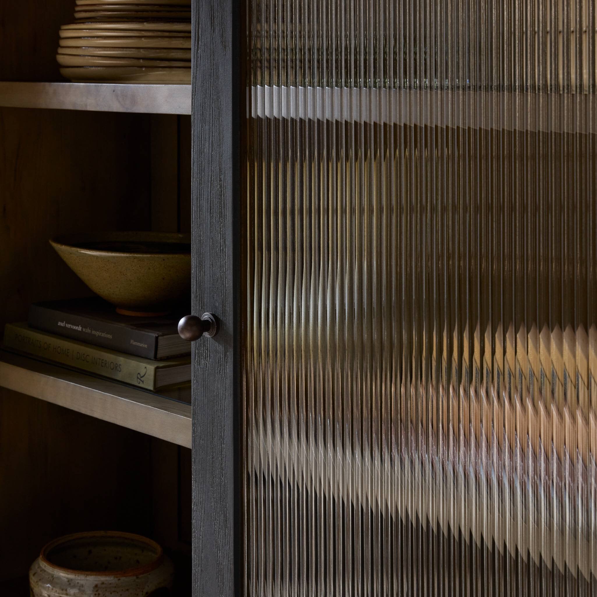 Four Hands Leopold Cabinet — Smooth Sandy Hemlock-Black Hemlock-Fluted Glass