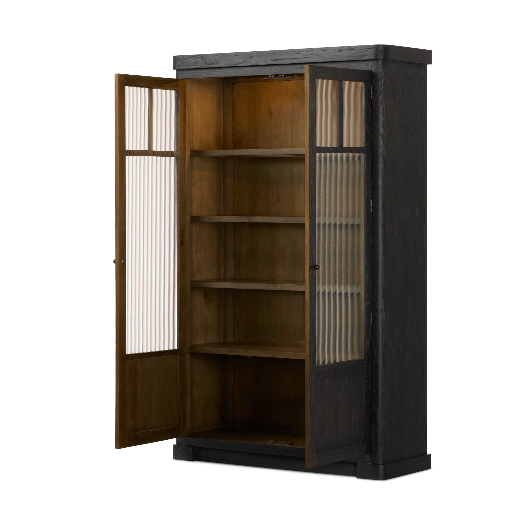 Four Hands Leopold Cabinet — Smooth Sandy Hemlock-Black Hemlock-Fluted Glass
