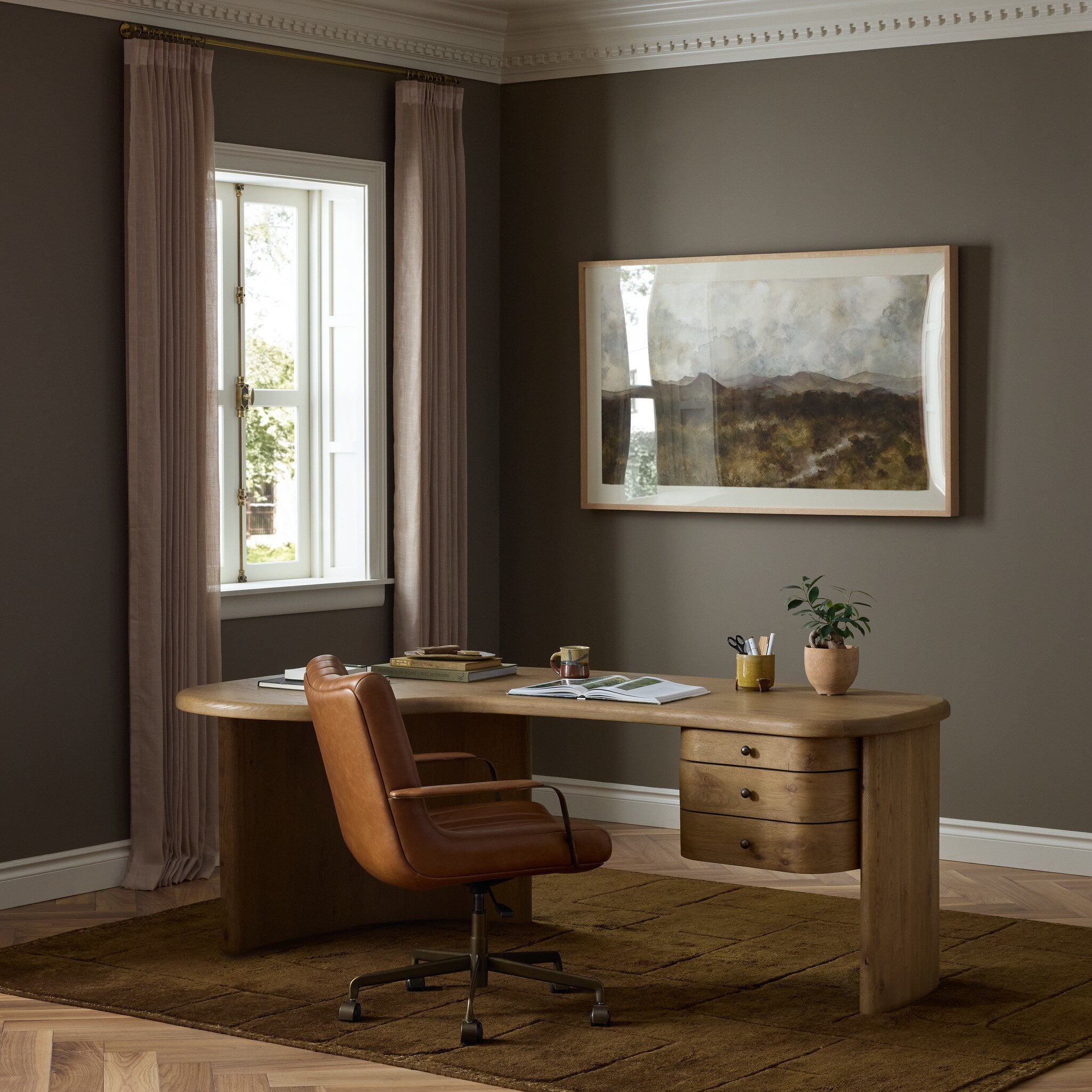 Four Hands Roan Desk — Aged Smoked Oak-Aged Smoked Oak Veneer-Oil Rubbed Bronze