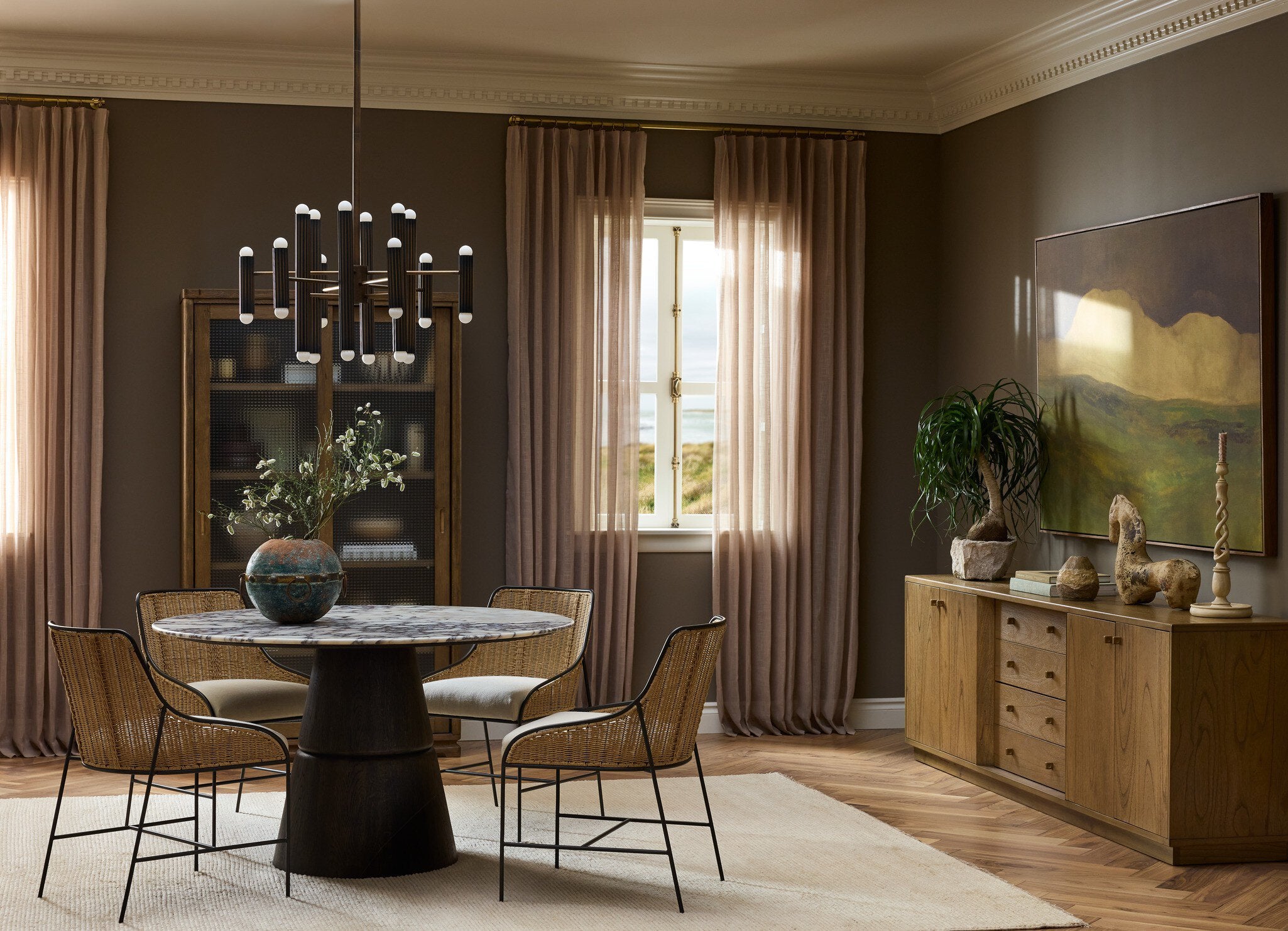 Four Hands Lino Dining Table — Calacatta Viola Marble-Espresso Oak