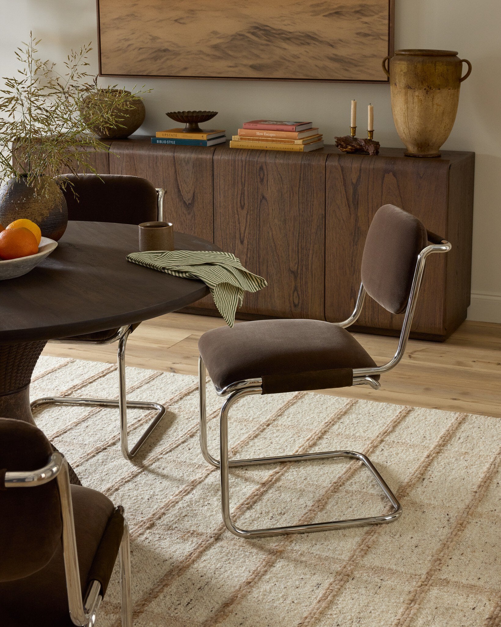 Four Hands Bram Dining Chair — Surrey Mink-Cottswald Cigar Nubuck-Polished Silver