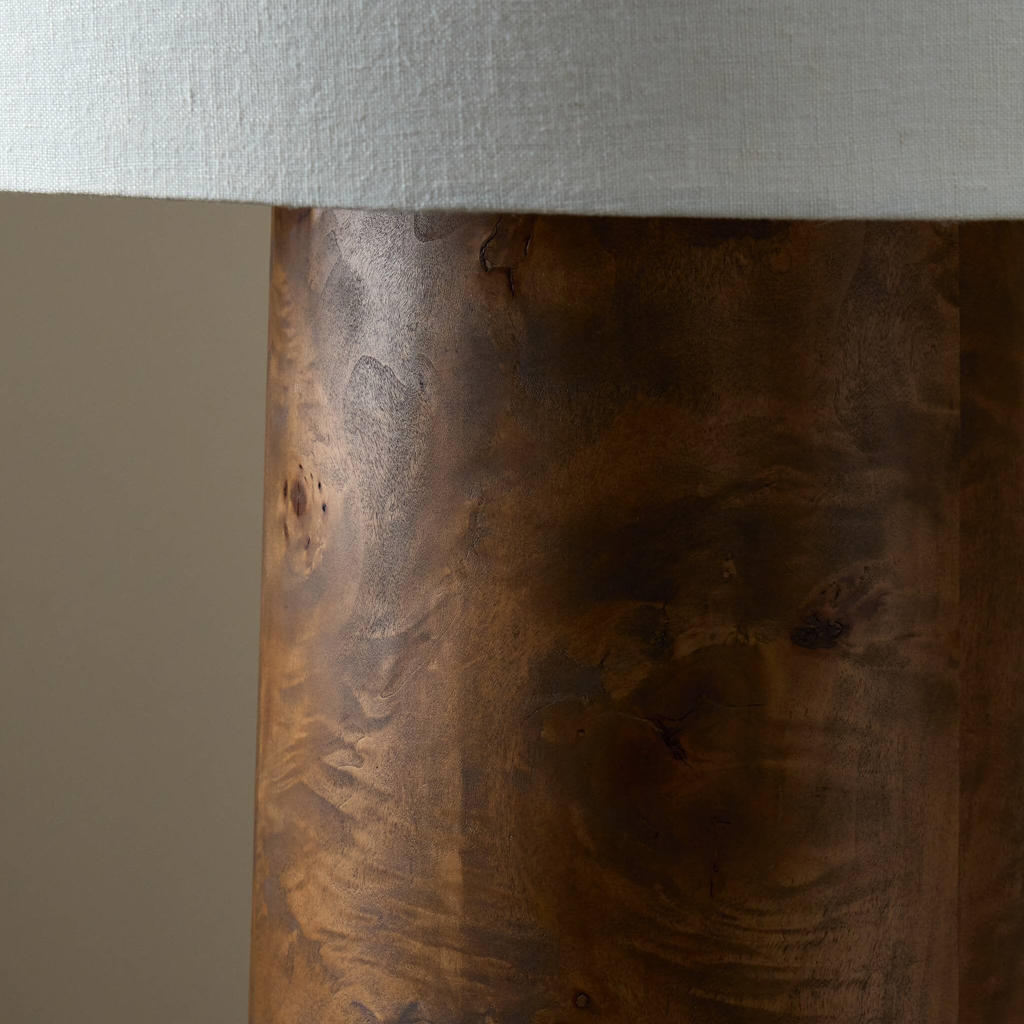 Four Hands Daxton Floor Lamp — Dark Brown Mappa Burl-Ivory Linen-Dark Kettle Black