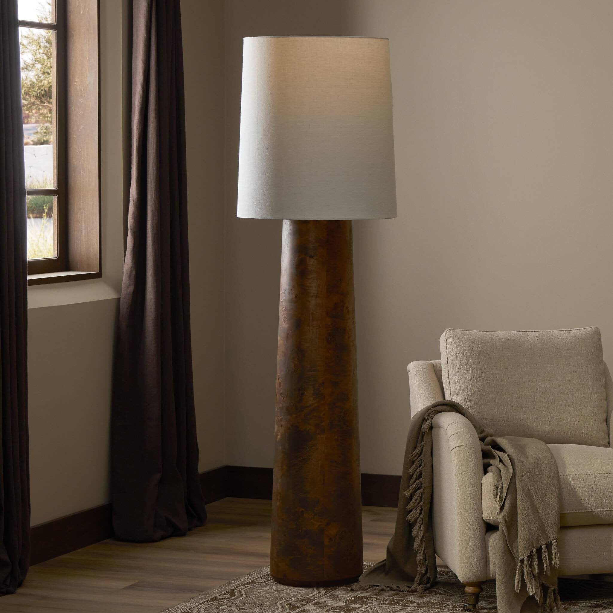 Four Hands Daxton Floor Lamp — Dark Brown Mappa Burl-Ivory Linen-Dark Kettle Black