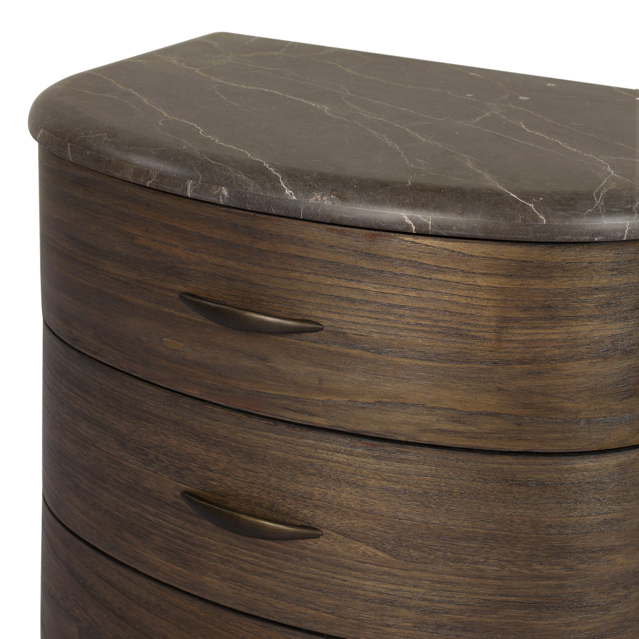 Four Hands Tovae Nightstand — Honed Coffee Marble-Stained Saddle Brown Sungkai-Aged Brass