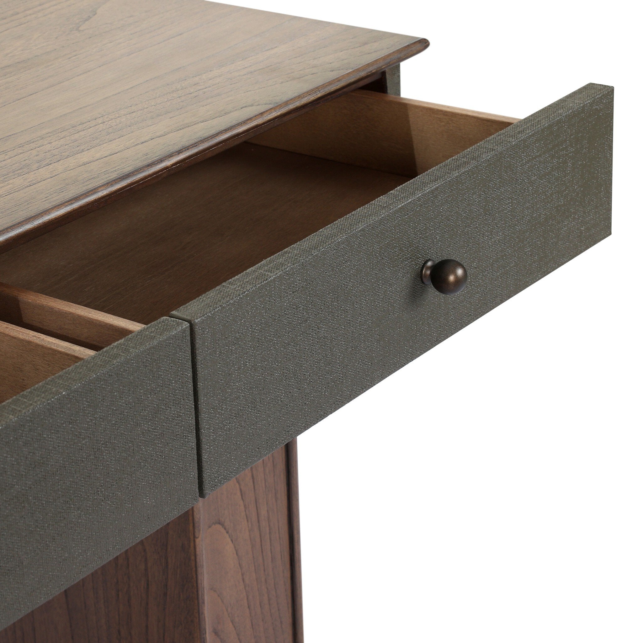 Four Hands Soloman Console Table — Dark Green Lacquered Linen-Stained Saddle Brown Sungkai-Aged Brass