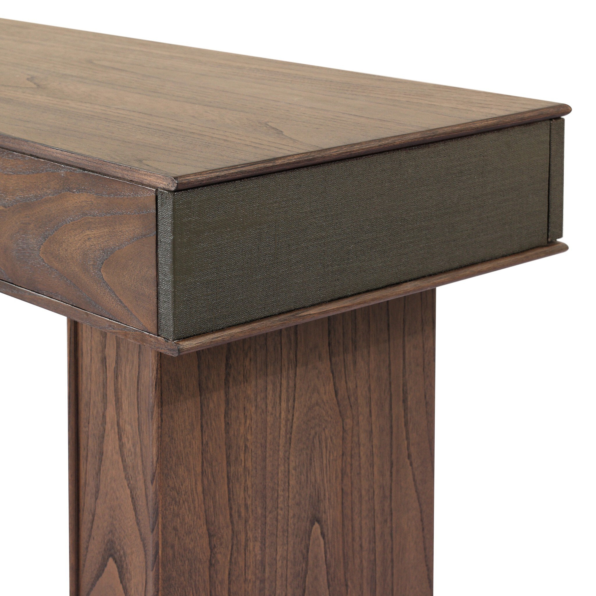 Four Hands Soloman Console Table — Dark Green Lacquered Linen-Stained Saddle Brown Sungkai-Aged Brass