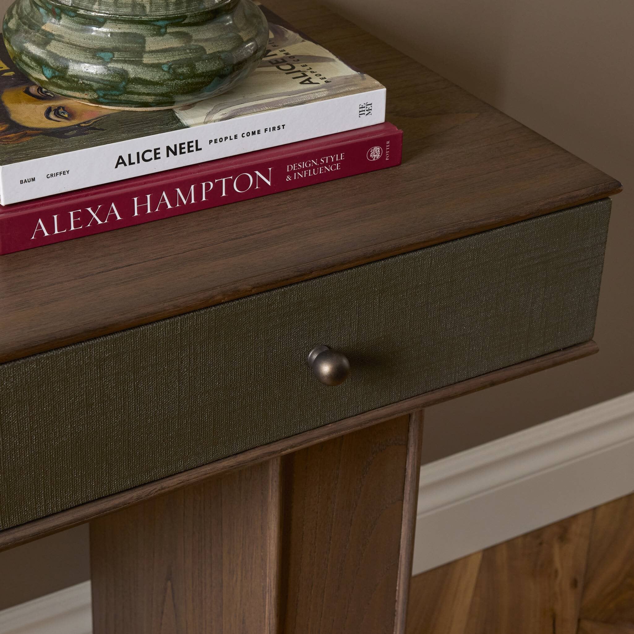 Four Hands Soloman Console Table — Dark Green Lacquered Linen-Stained Saddle Brown Sungkai-Aged Brass