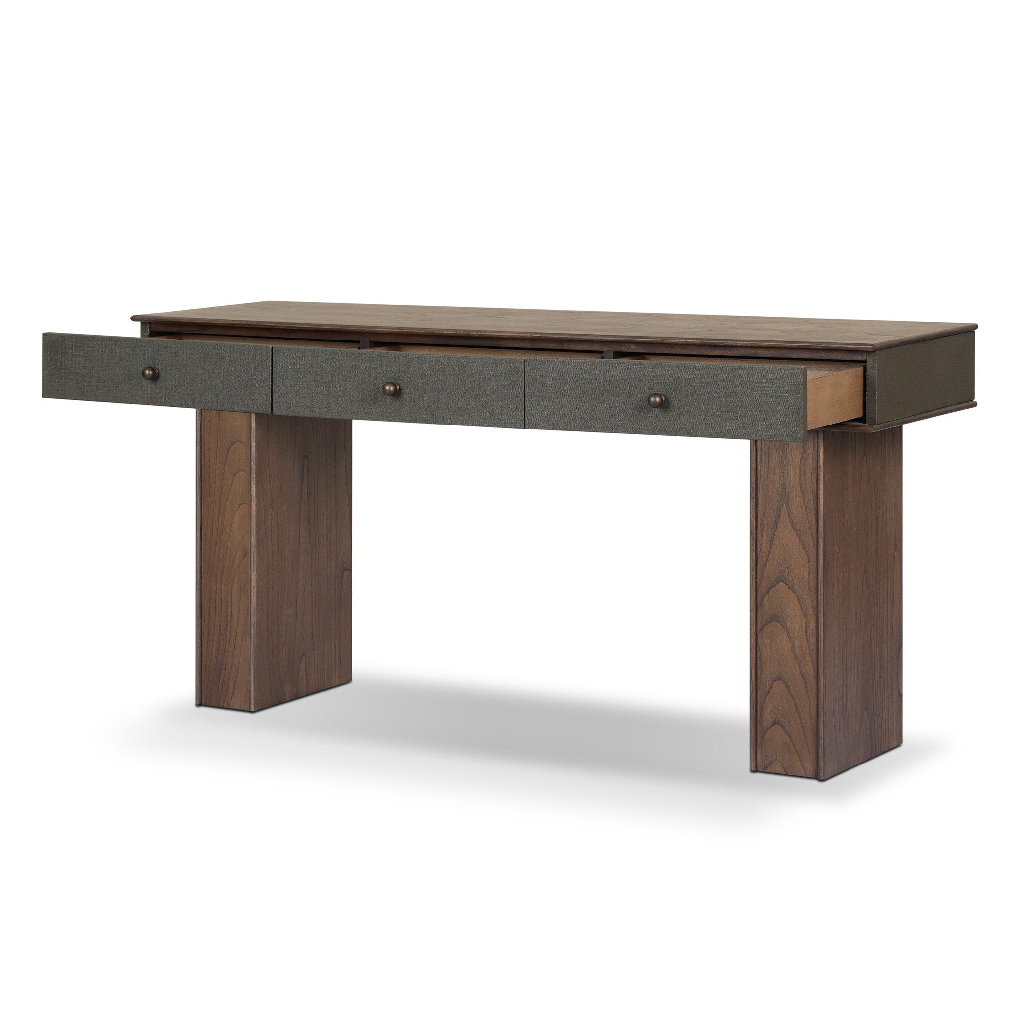 Four Hands Soloman Console Table — Dark Green Lacquered Linen-Stained Saddle Brown Sungkai-Aged Brass