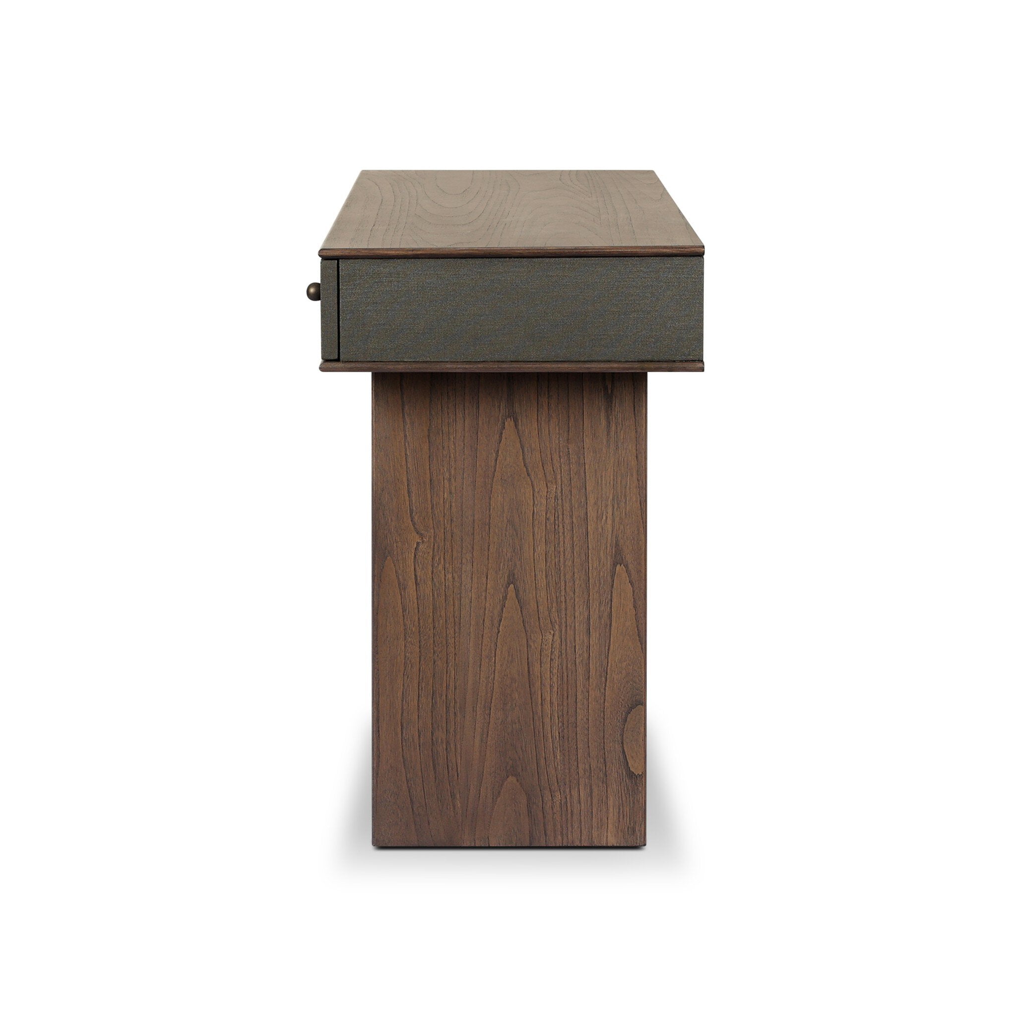 Four Hands Soloman Console Table — Dark Green Lacquered Linen-Stained Saddle Brown Sungkai-Aged Brass