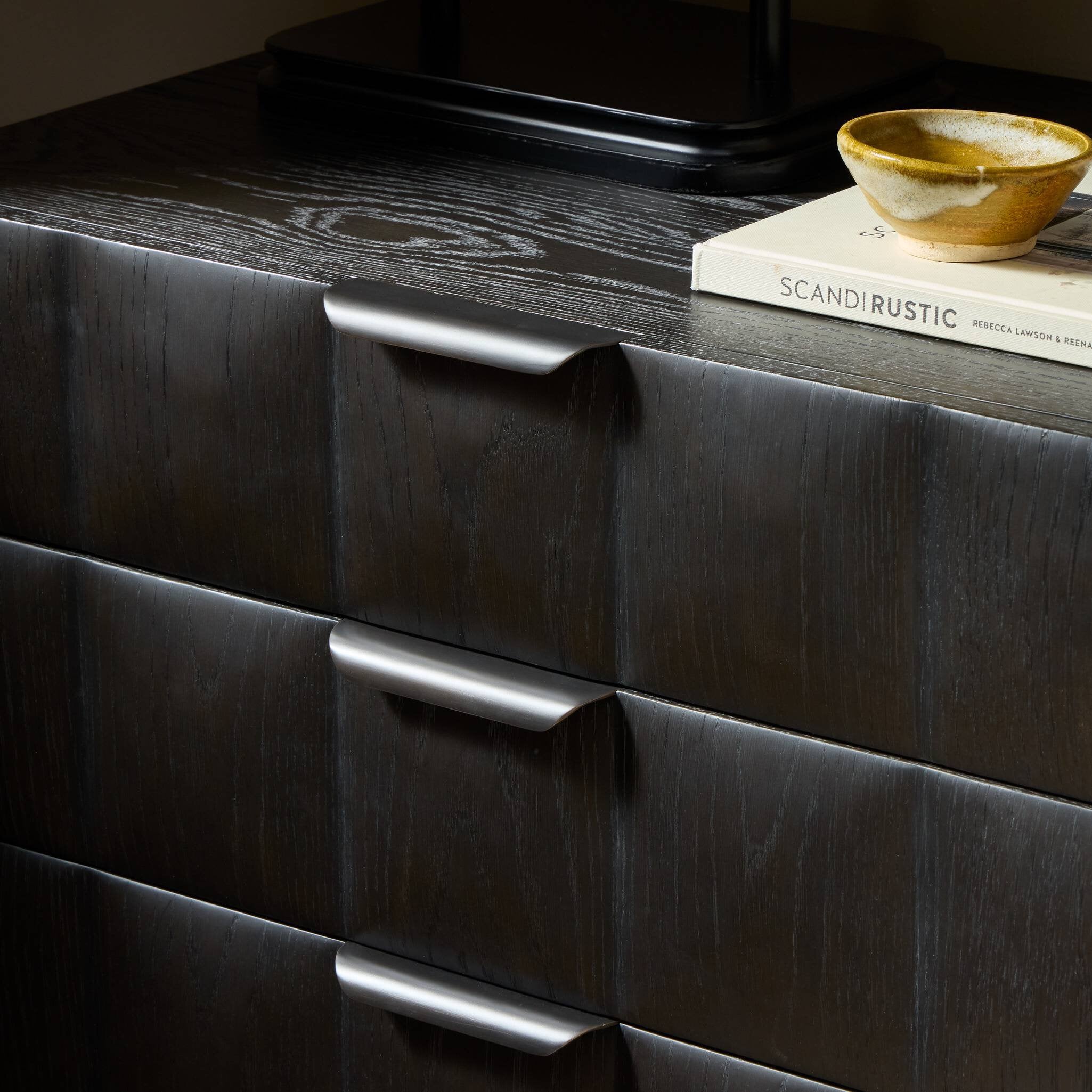 Four Hands Swell Nightstand — Dry Black Oak Veneer-Dark Aluminum