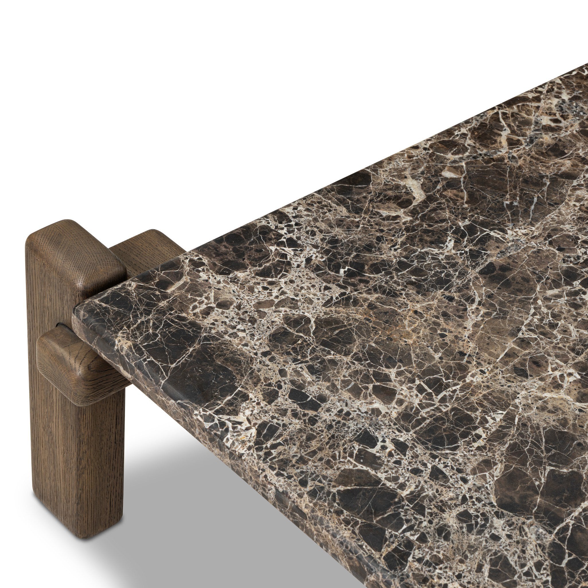 Four Hands Marcia Square Marble Coffee Table — Brown Emperador Marble-Grey Reclaimed French Oak