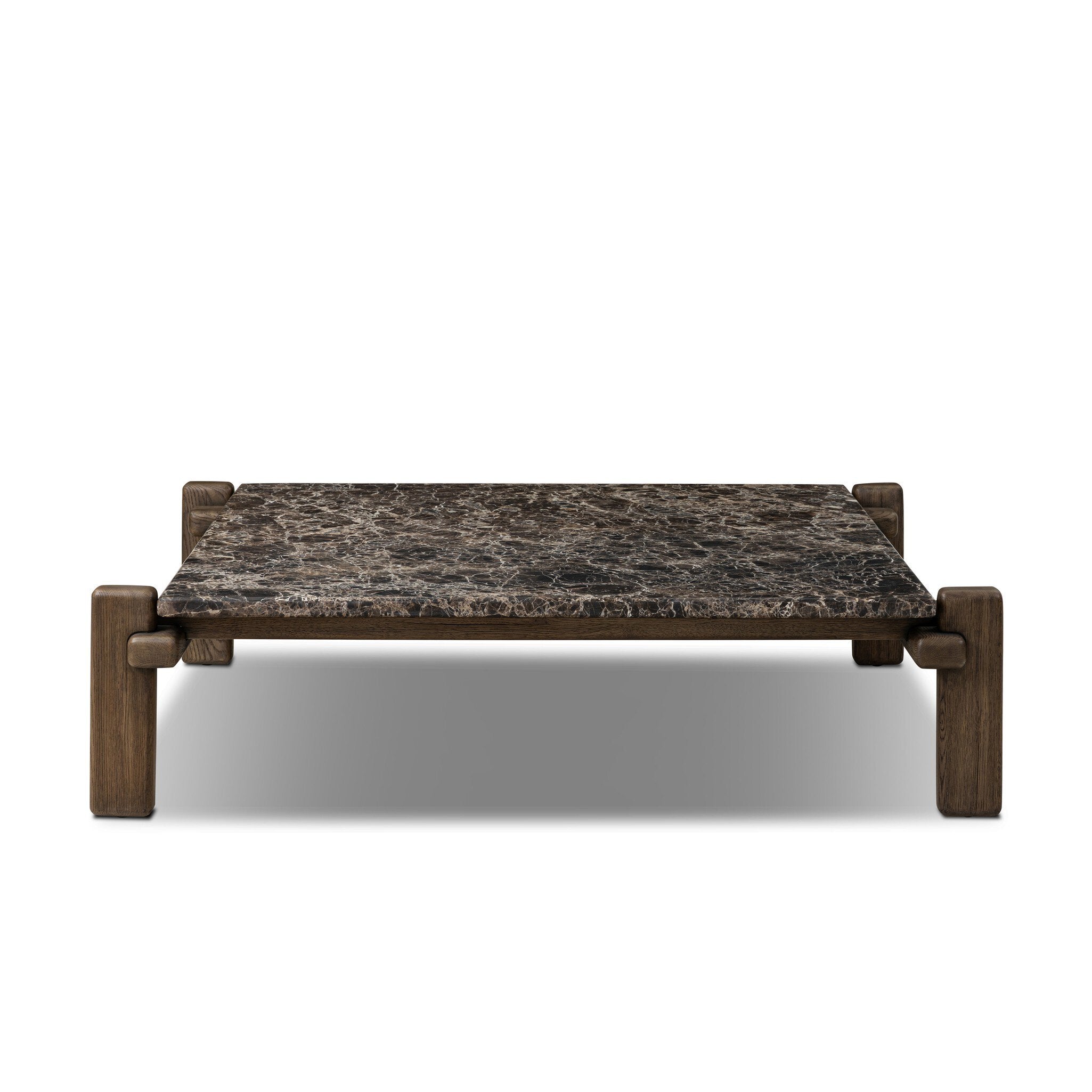 Four Hands Marcia Square Marble Coffee Table — Brown Emperador Marble-Grey Reclaimed French Oak