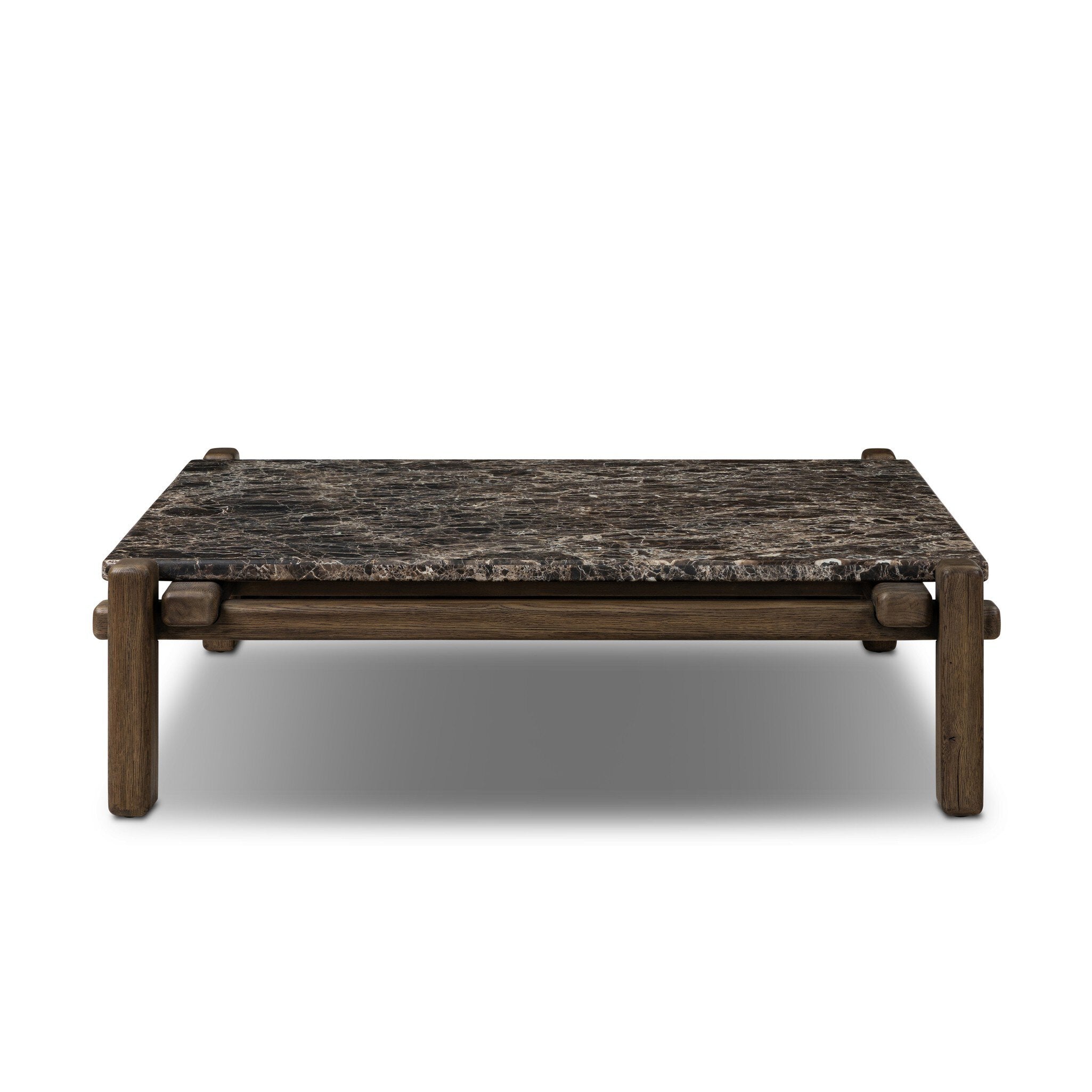 Four Hands Marcia Square Marble Coffee Table — Brown Emperador Marble-Grey Reclaimed French Oak