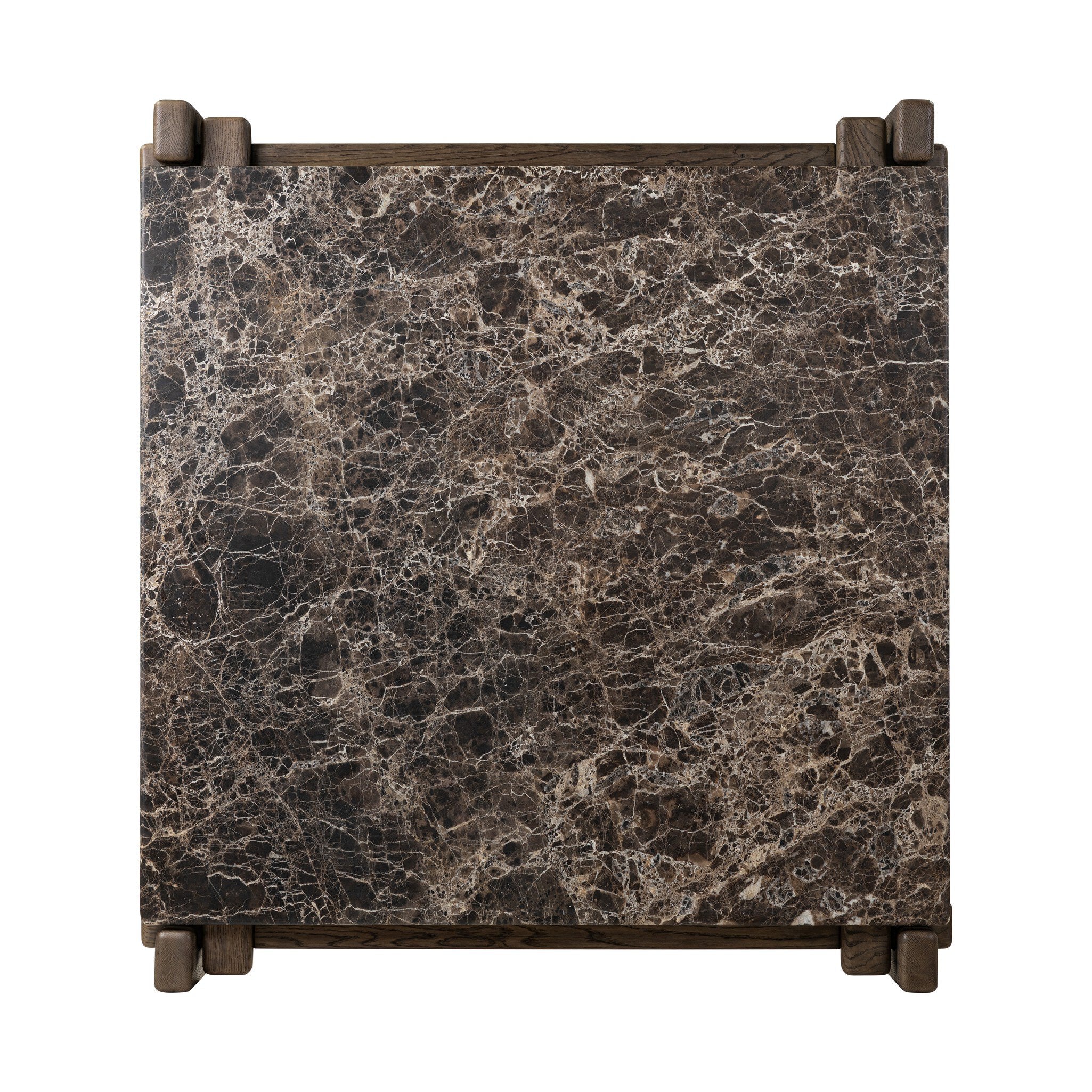 Four Hands Marcia Square Marble Coffee Table — Brown Emperador Marble-Grey Reclaimed French Oak