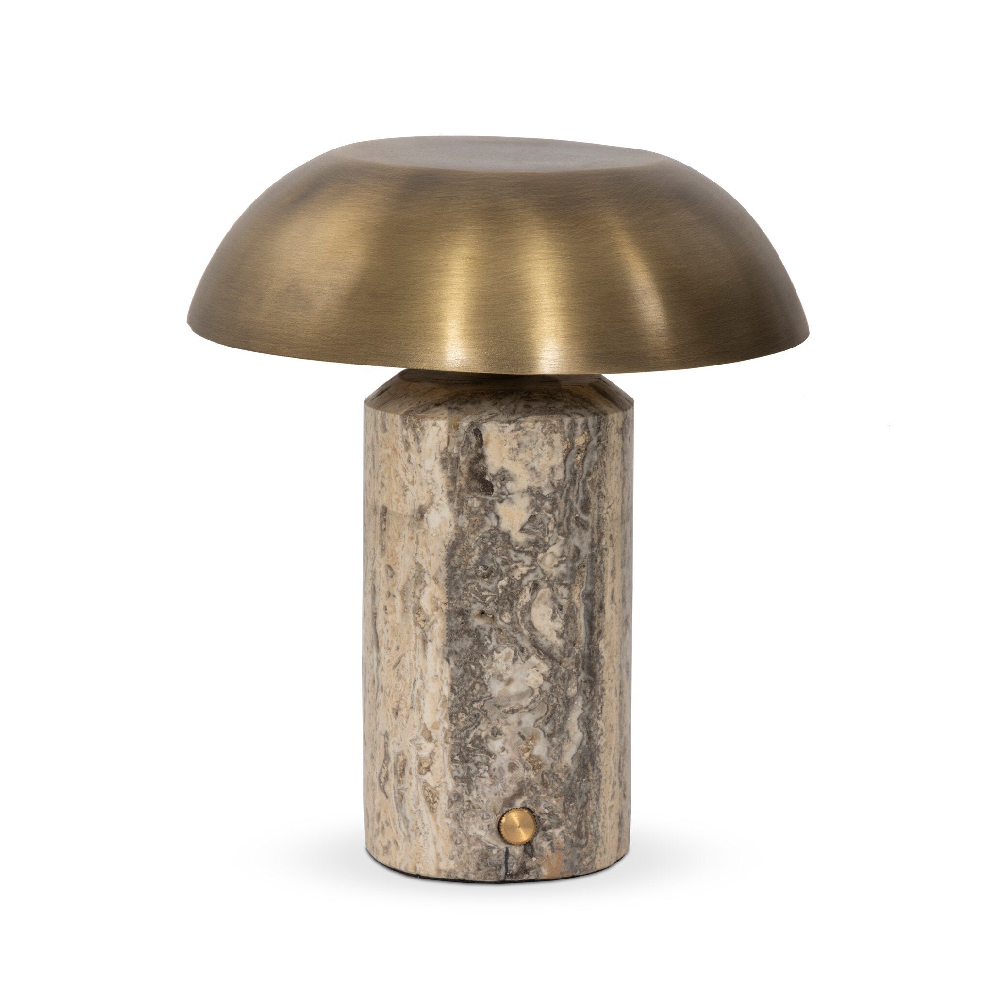 Four Hands Zana Cordless Table Lamp — Aged Antique Brass Iron-Grey Stripe Travertine
