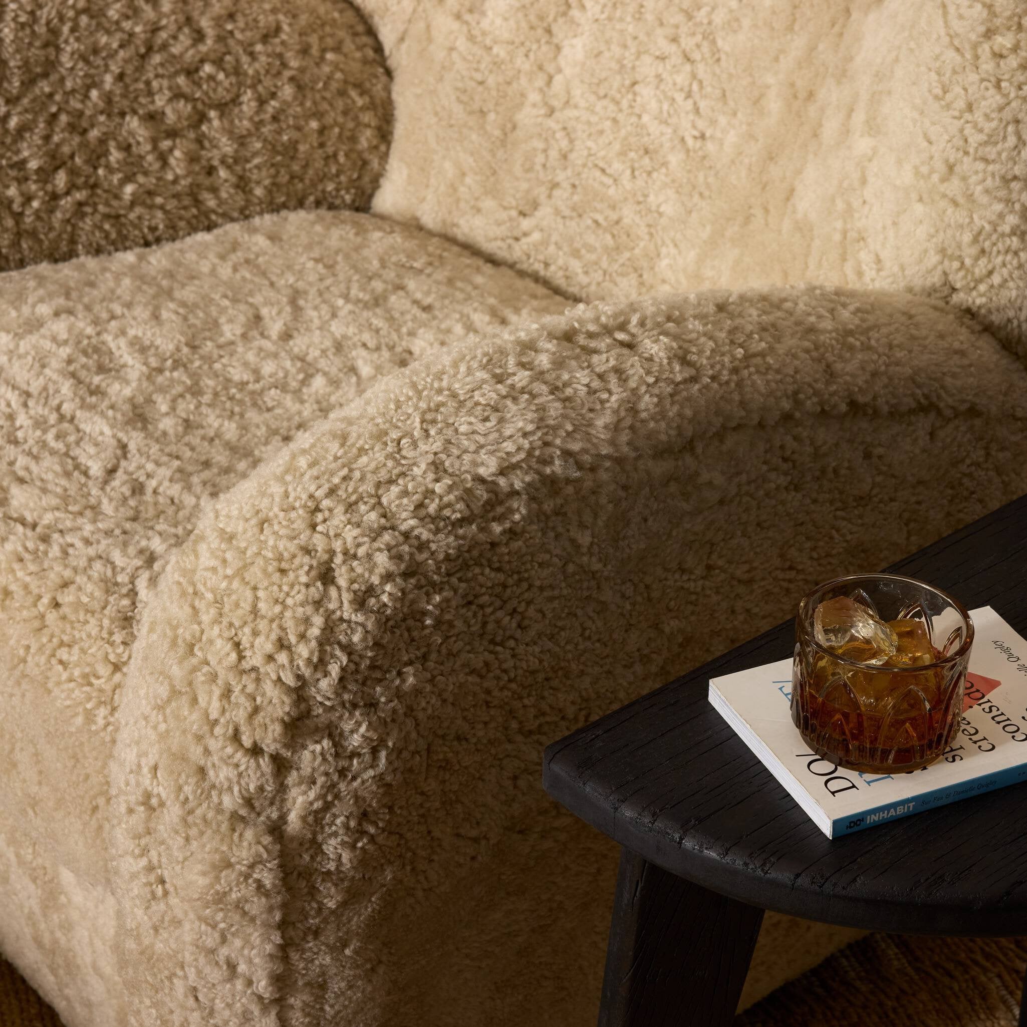 Four Hands Amelie Swivel Recliner — Beige Shearling