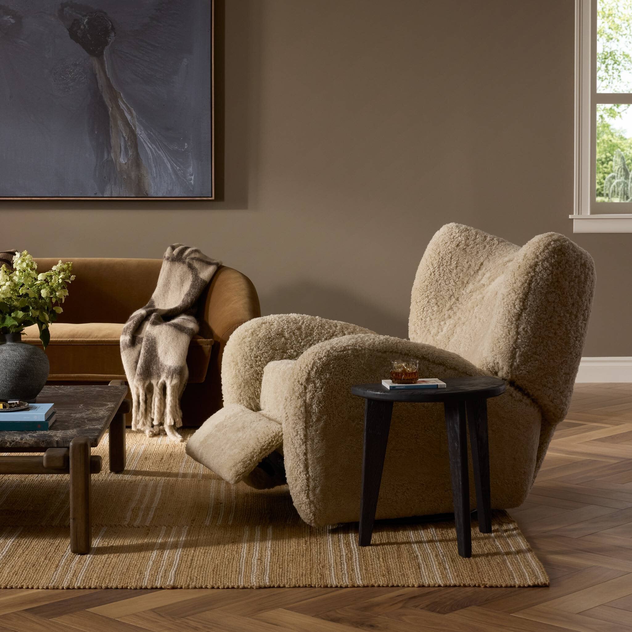 Four Hands Amelie Swivel Recliner — Beige Shearling