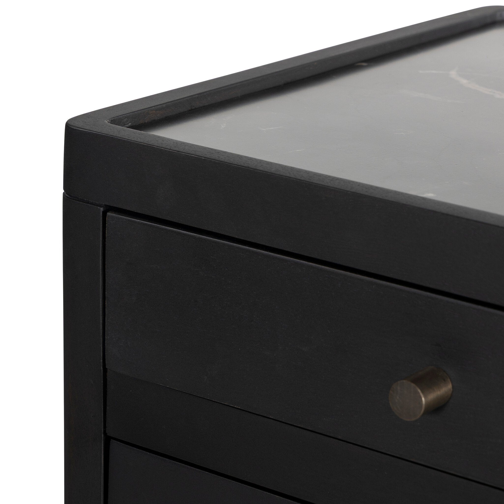 Four Hands Santiago Bar Cabinet — Smoked Black Mango-Fluted Glass-Irish Brown Marble