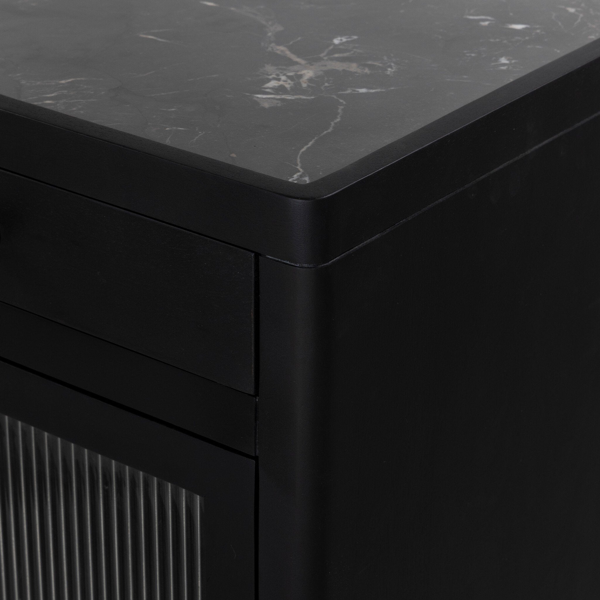 Four Hands Santiago Bar Cabinet — Smoked Black Mango-Fluted Glass-Irish Brown Marble