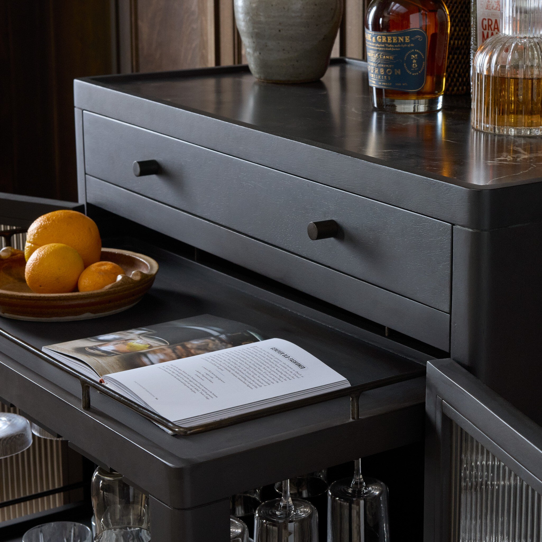 Four Hands Santiago Bar Cabinet — Smoked Black Mango-Fluted Glass-Irish Brown Marble