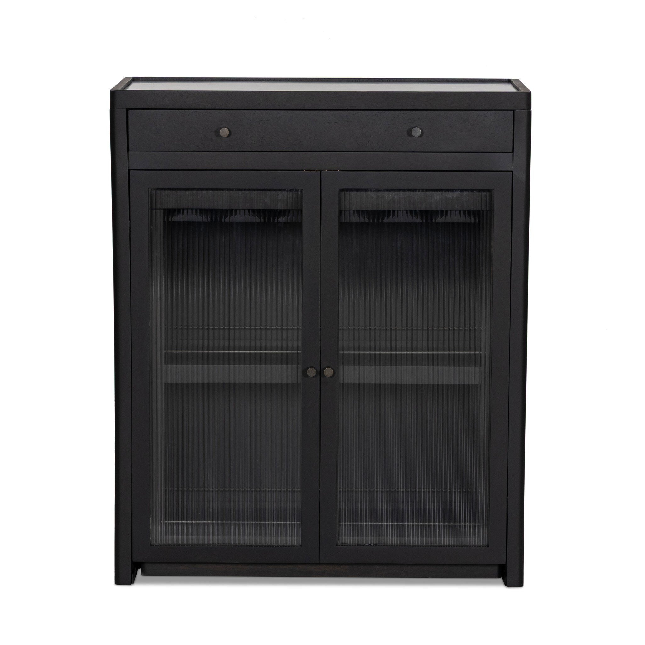 Four Hands Santiago Bar Cabinet — Smoked Black Mango-Fluted Glass-Irish Brown Marble