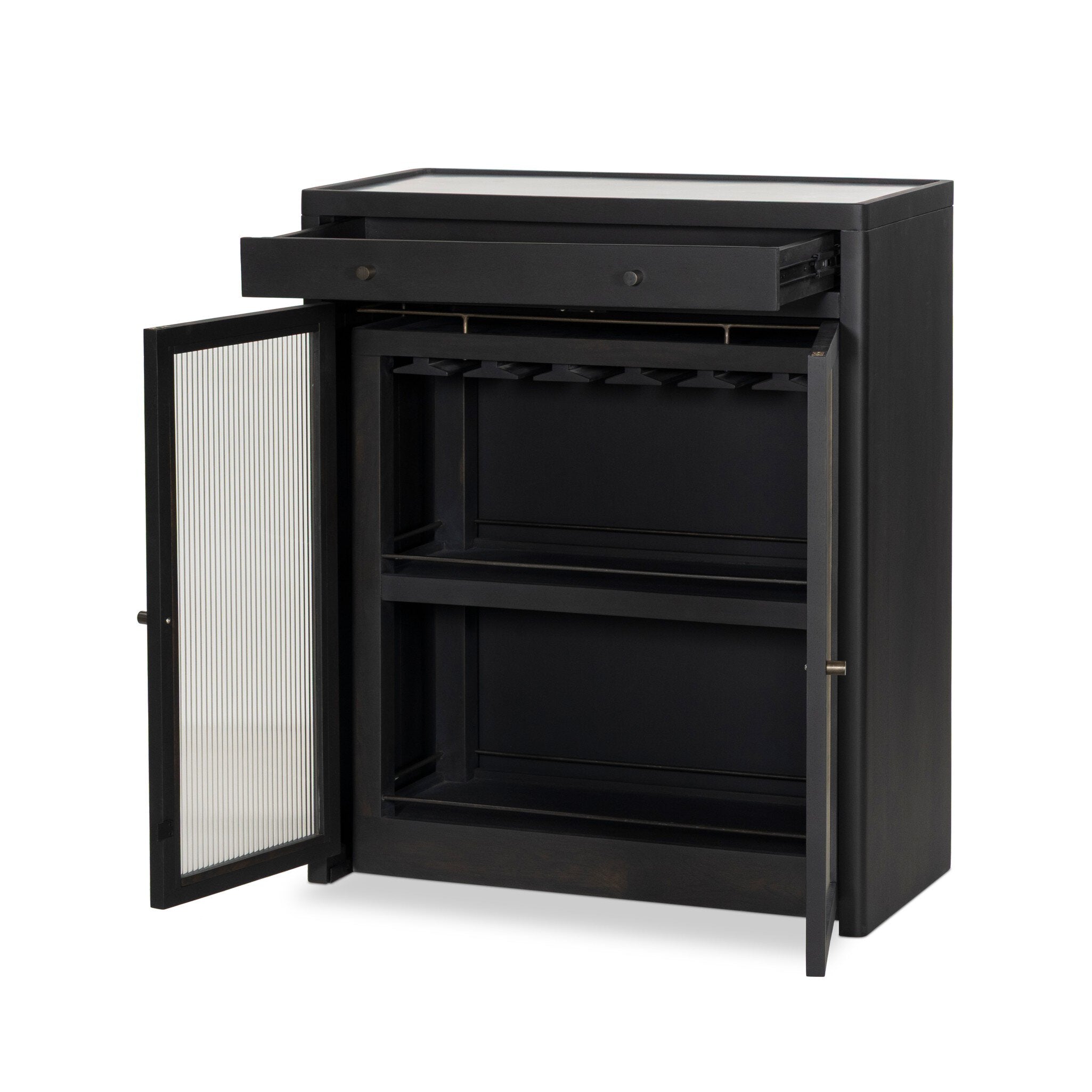 Four Hands Santiago Bar Cabinet — Smoked Black Mango-Fluted Glass-Irish Brown Marble