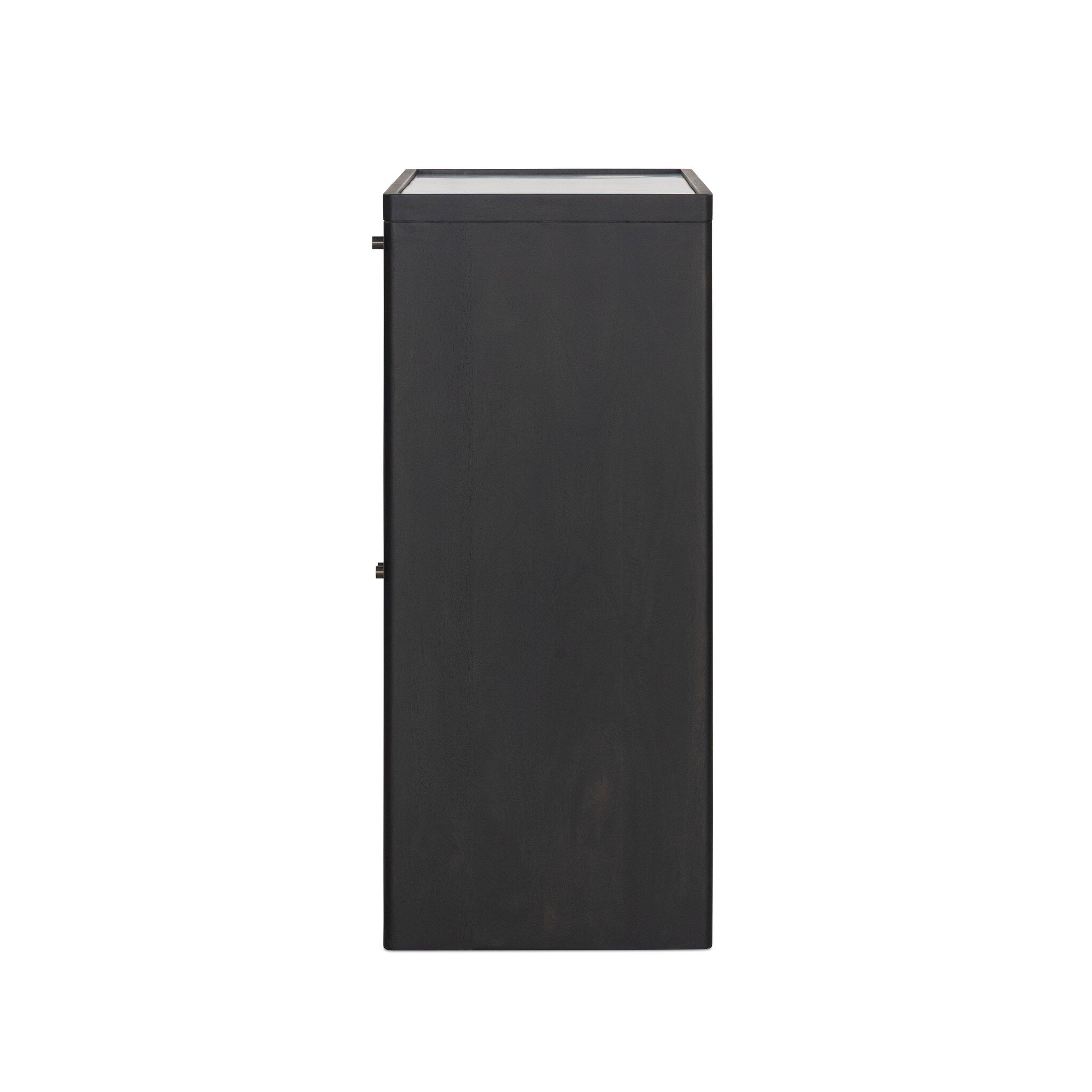 Four Hands Santiago Bar Cabinet — Smoked Black Mango-Fluted Glass-Irish Brown Marble