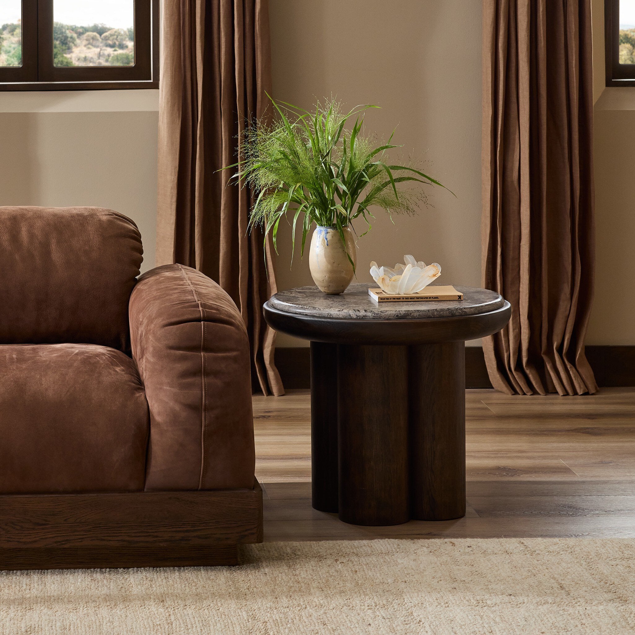 Four Hands Zeke End Table — Warm Grey Marble-Coco Nettlewood-Coco Ash Veneer
