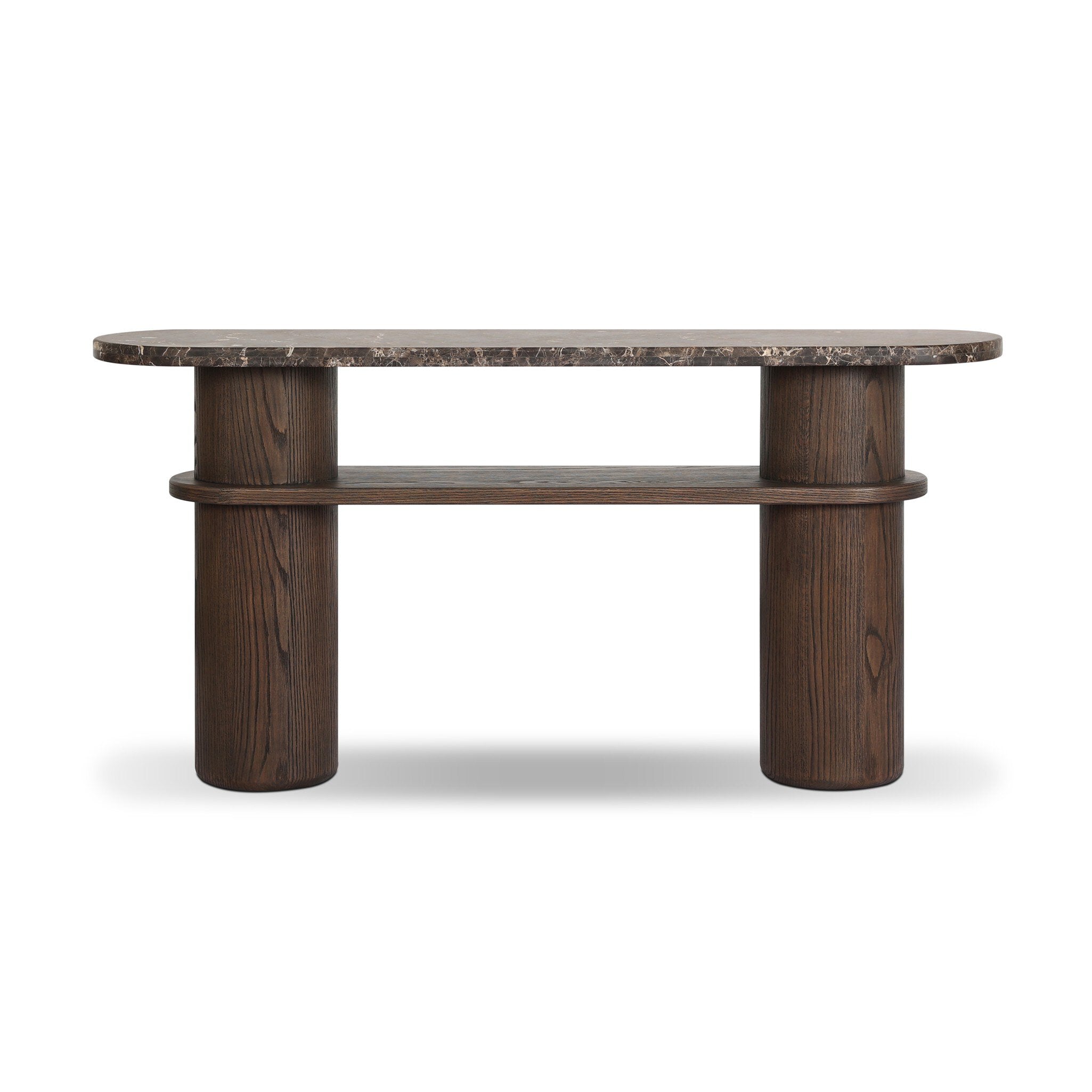 Four Hands Serova Console Table — Dark Honed Emperador Marble-Stained Saddle Brown Oak-Stained Saddle Brown Oak Veneer