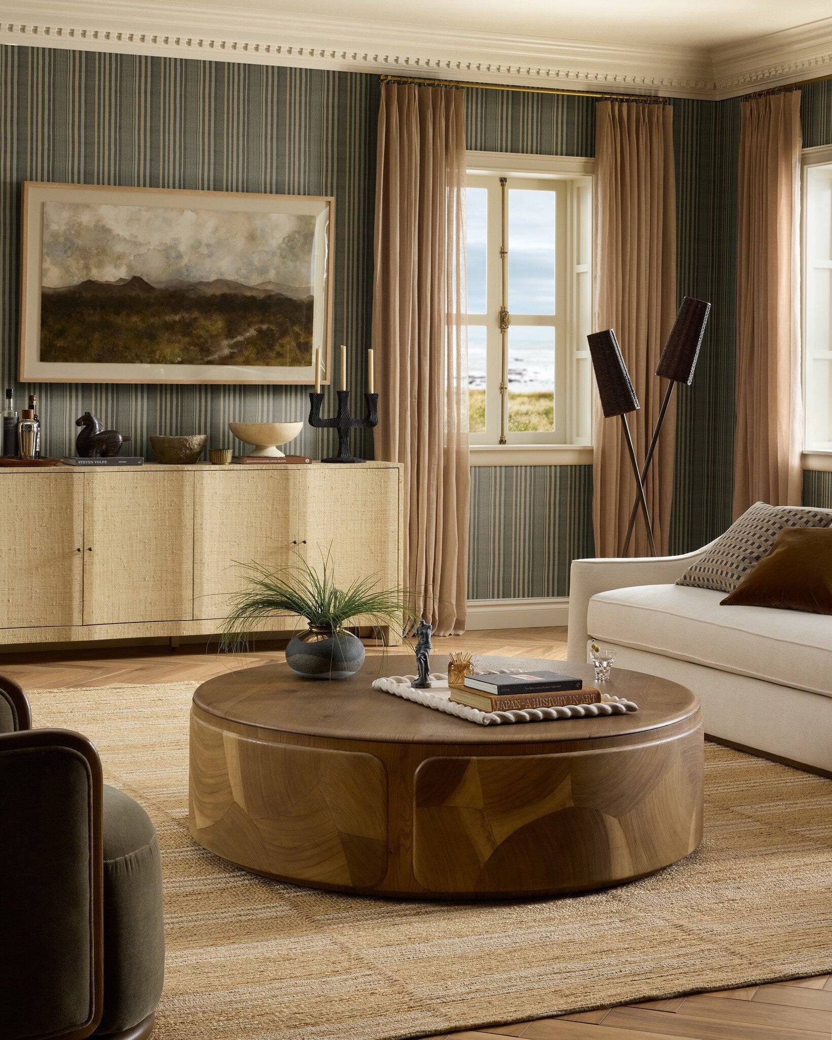 Four Hands Marlena Coffee Table — Ochre Guanacaste Oyster-Smoked American Oak Veneer-Smoked Oak Veneer