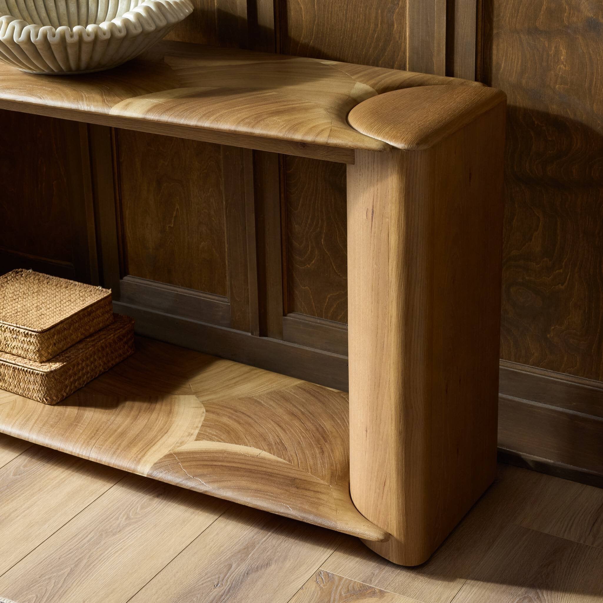 Four Hands Marlena Console Table — Ochre Guanacaste Oyster-Smoked American Oak Veneer-Smoked Oak Veneer