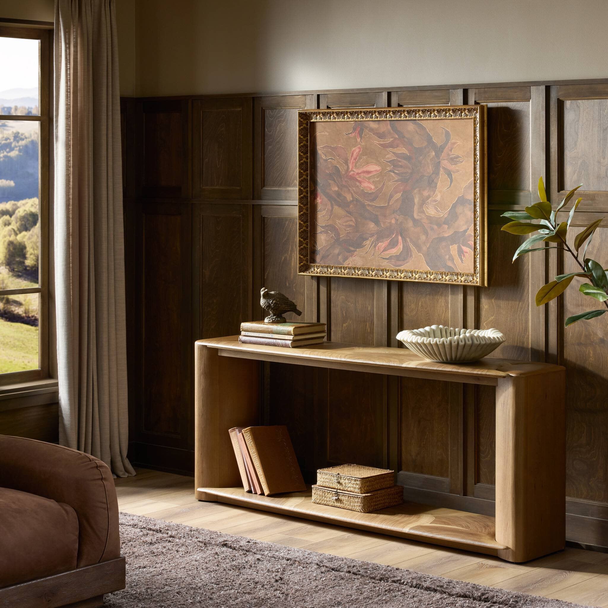 Four Hands Marlena Console Table — Ochre Guanacaste Oyster-Smoked American Oak Veneer-Smoked Oak Veneer