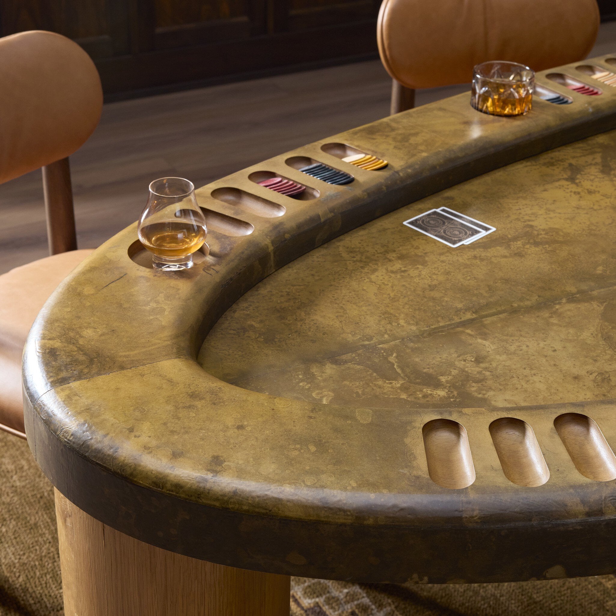 Four Hands Vella Poker Table — Smoked Aluminum-Smoked Oak Veneer-Light Guanacaste