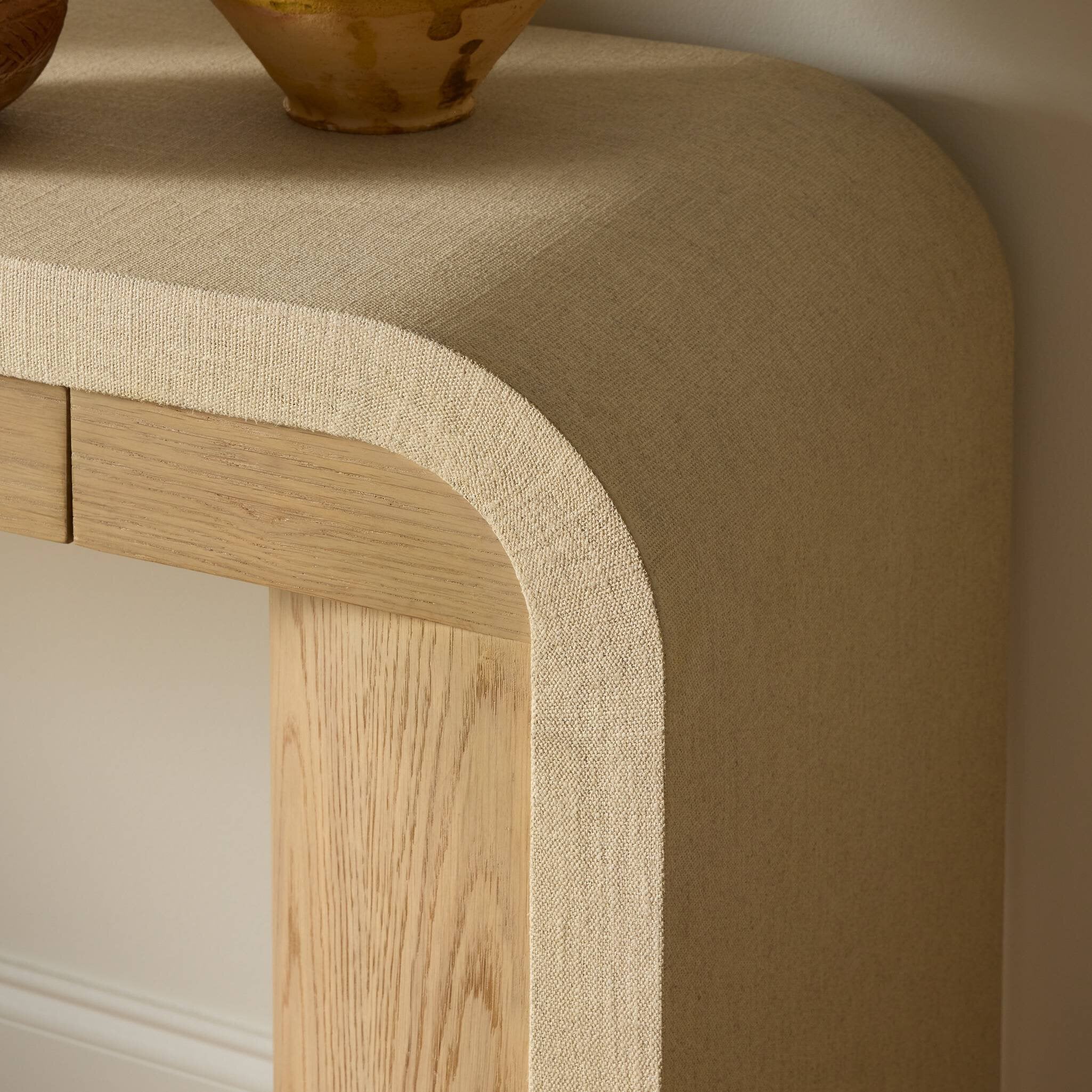 Four Hands Jane Console Table — Beige Painted Linen-Sandy Oak Veneer