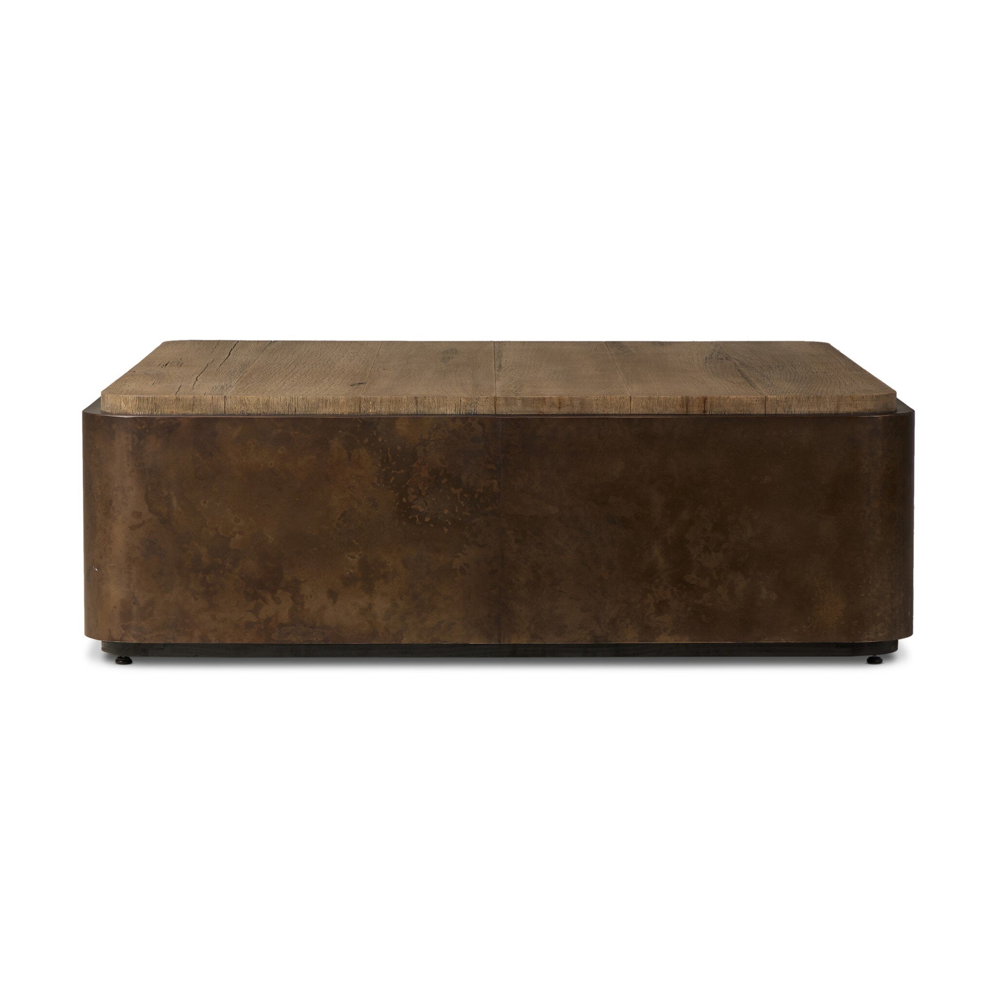 Four Hands Kipp Square Coffee Table — Burnt Bleached Oak Resawn-Rust Aluminum-Black Pine