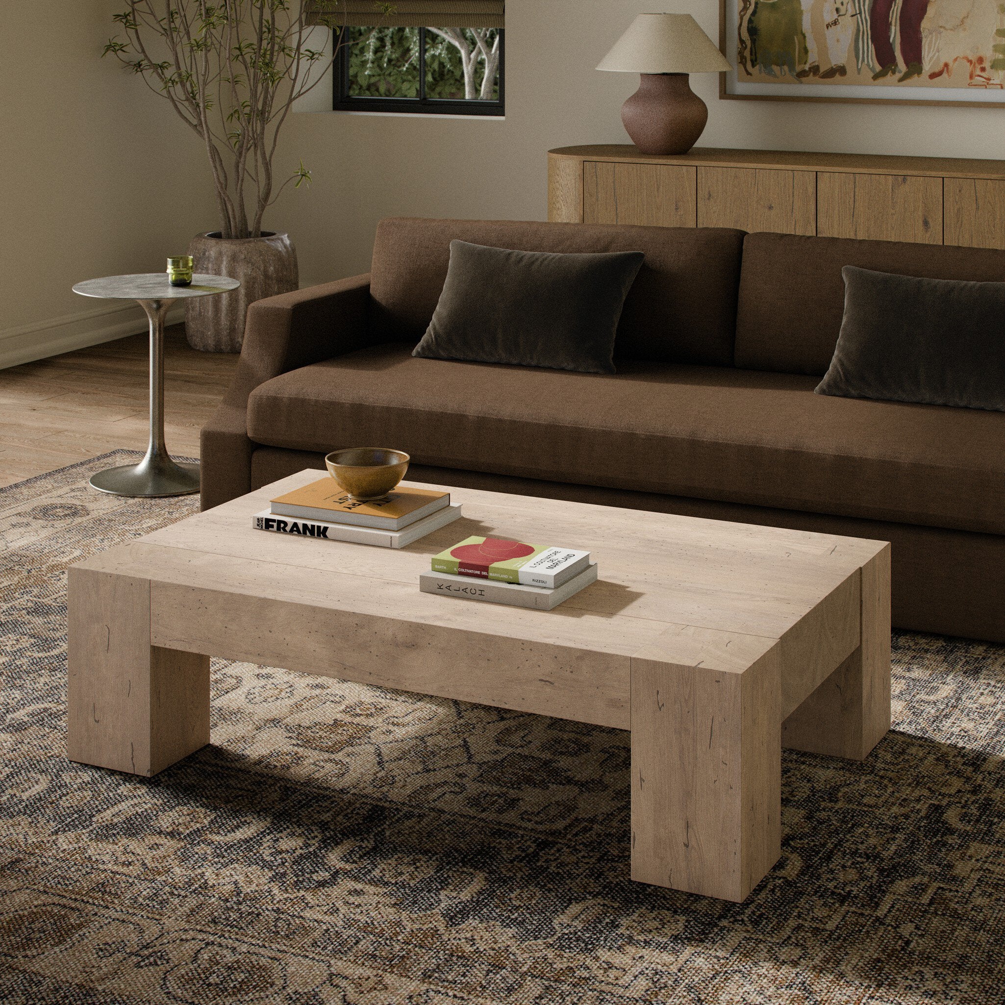 Four Hands Abaso Rectangular Coffee Table — Whitewash Rustic Wormwood Oak-Smoked Oak Veneer