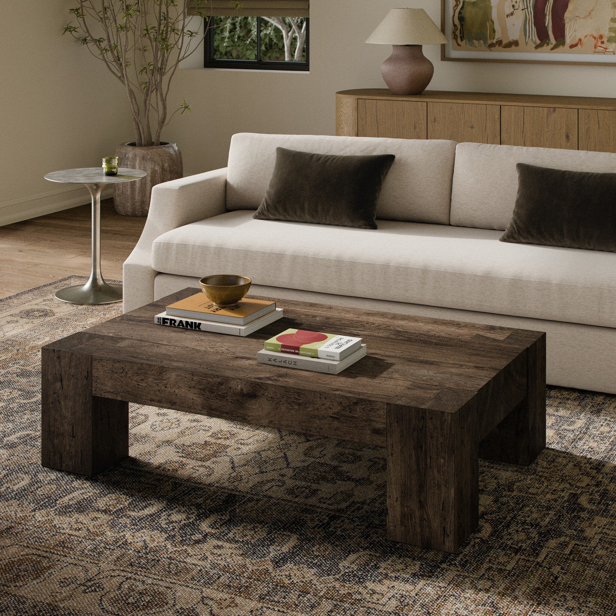 Four Hands Abaso Rectangular Coffee Table — Ebony Rustic Wormwood Oak-Smoked Oak Veneer