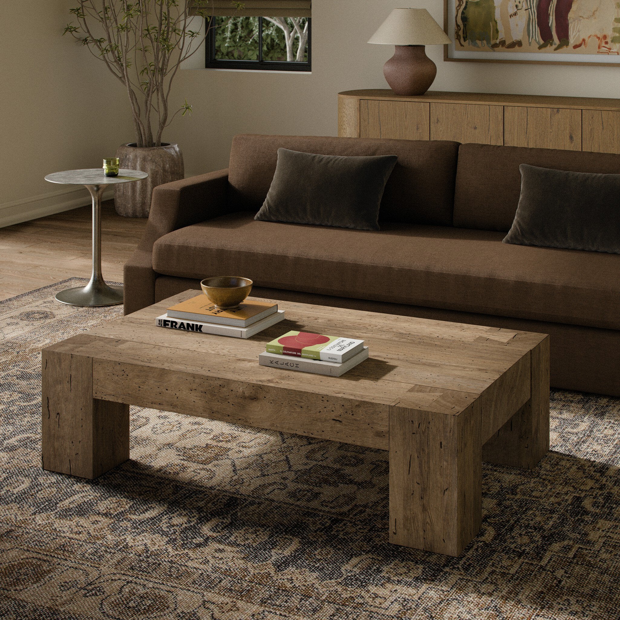 Four Hands Abaso Rectangular Coffee Table — Rustic Wormwood Oak-Smoked Oak Veneer