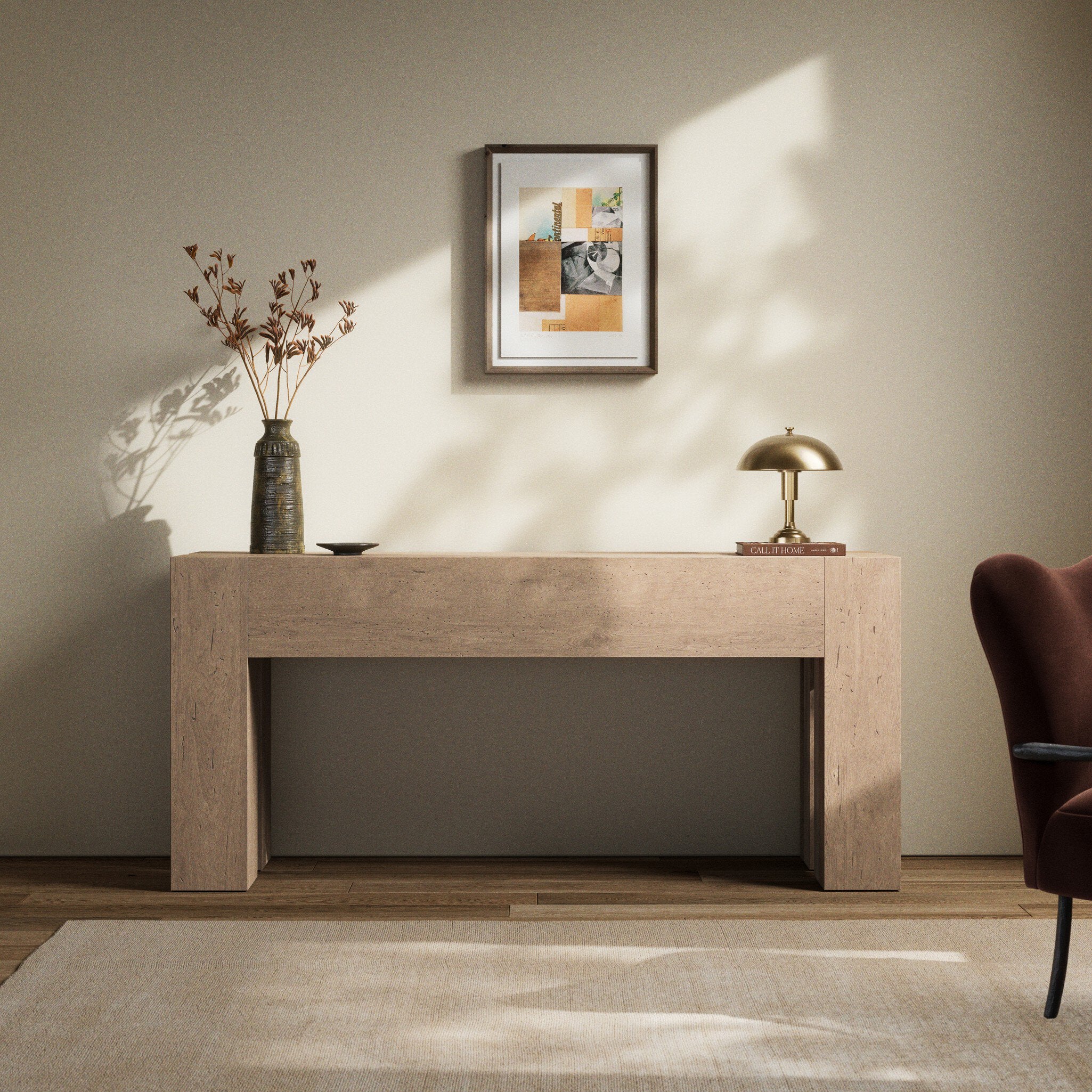 Four Hands Abaso Console Table — 255536-003- Whitewash Rustic Wormwood Oak-Smoked Oak Veneer