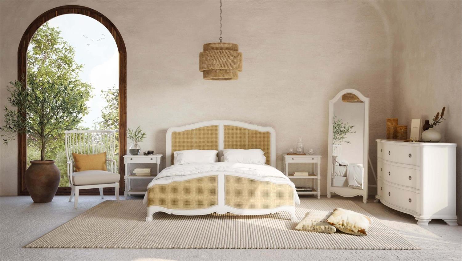 Bramble Covington Rattan Bed King — Architectural White / Rattan Natural