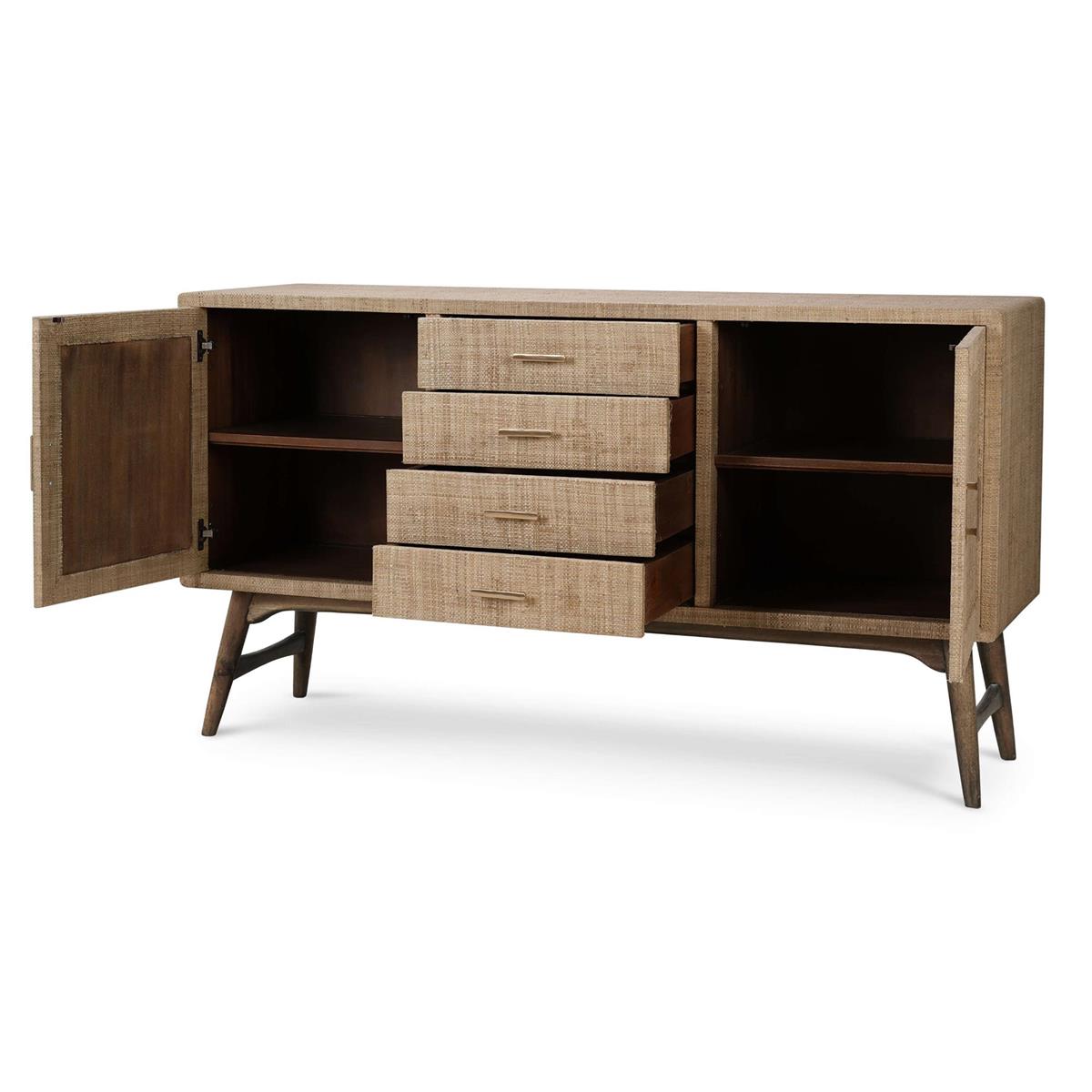 Bramble Pierre Mid Century Buffet/Media w/ Raw Raffia and Straw — Raffia Raw / Straw Wash